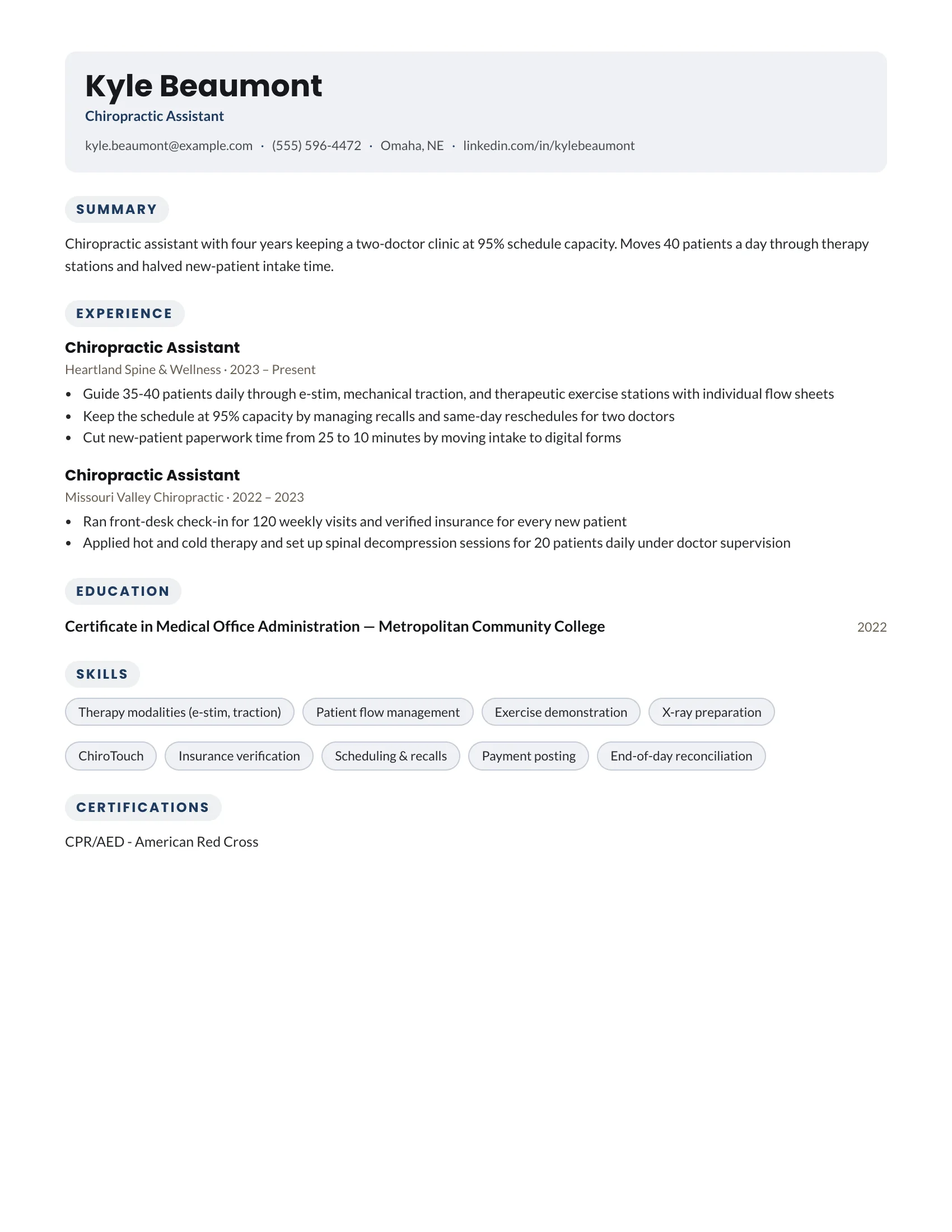 Chiropractic Assistant · Sunny resume template preview