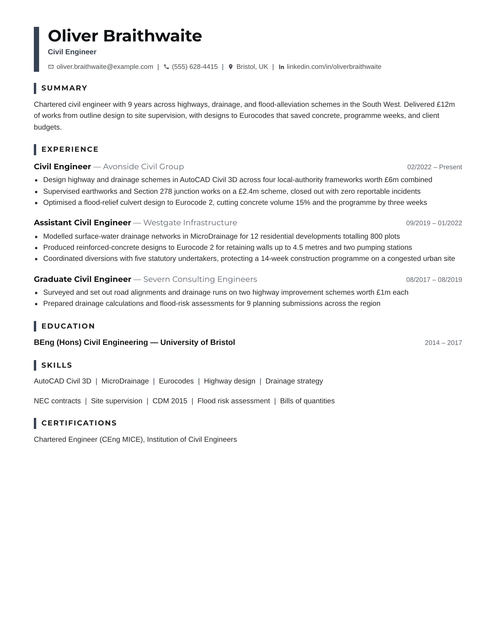 Civil Engineer · Gridline (Navy) resume template preview