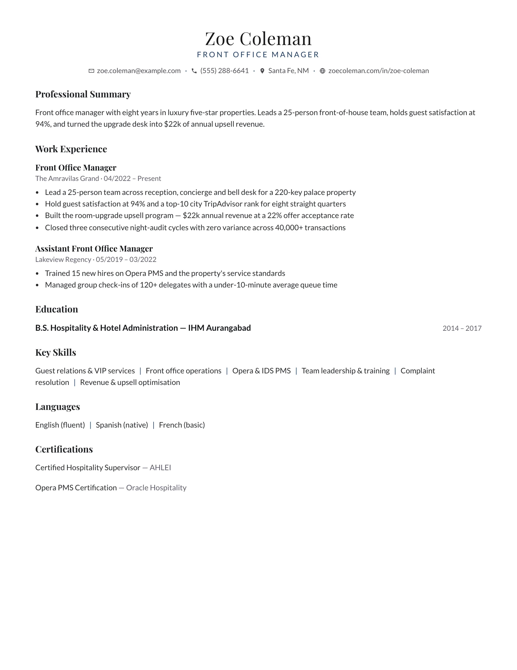 Guest Relations · Classy (Navy) resume template preview