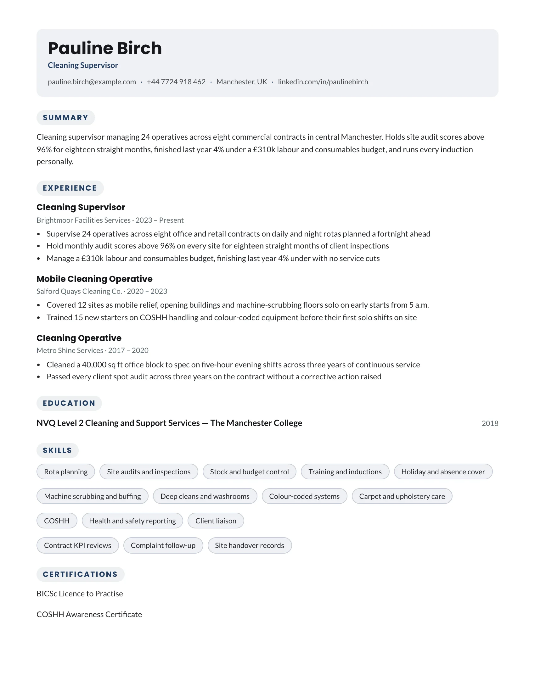 Cleaning Supervisor · Puddle resume template preview