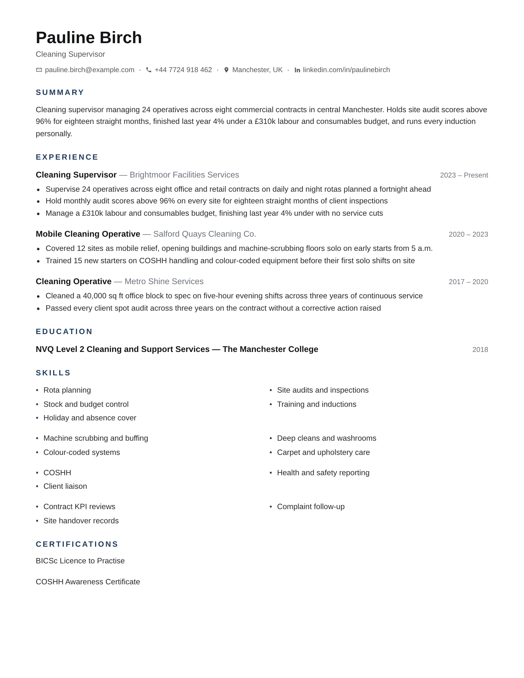 Cleaning Supervisor · Martinus resume template preview