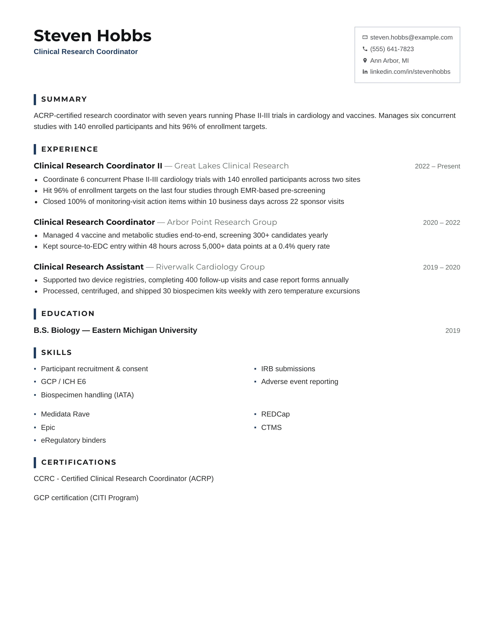 Clinical Research Coordinator · Smart resume template preview