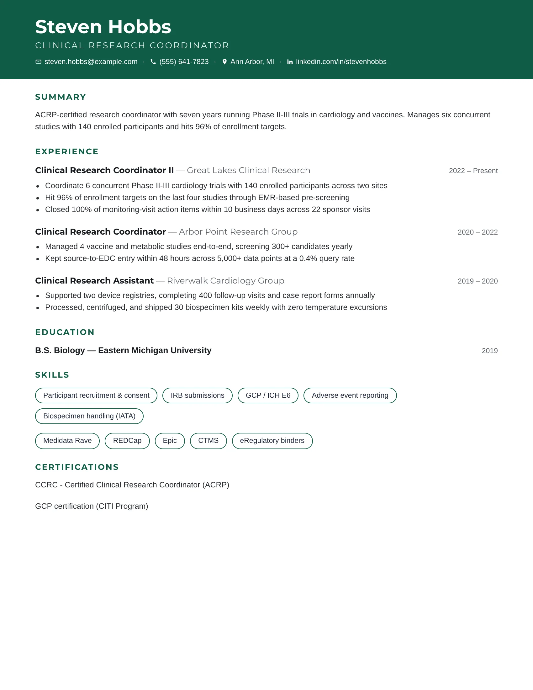 Clinical Research Coordinator · Outline resume template preview
