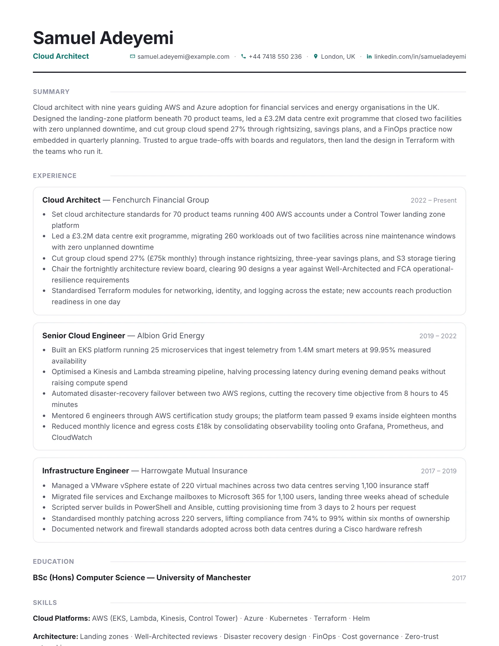 Cloud Architect · Railline resume template preview