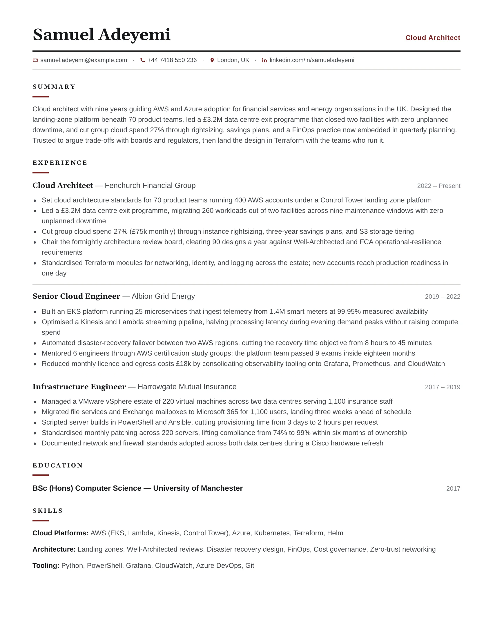 Cloud Architect · Rowline resume template preview