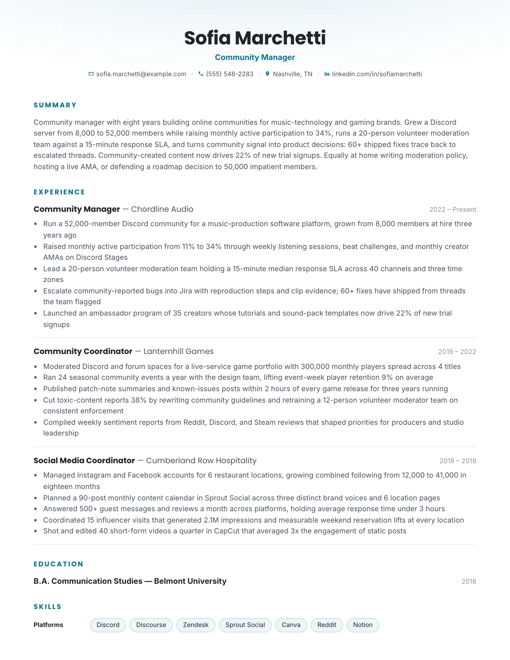 Community Manager · Arc resume template preview