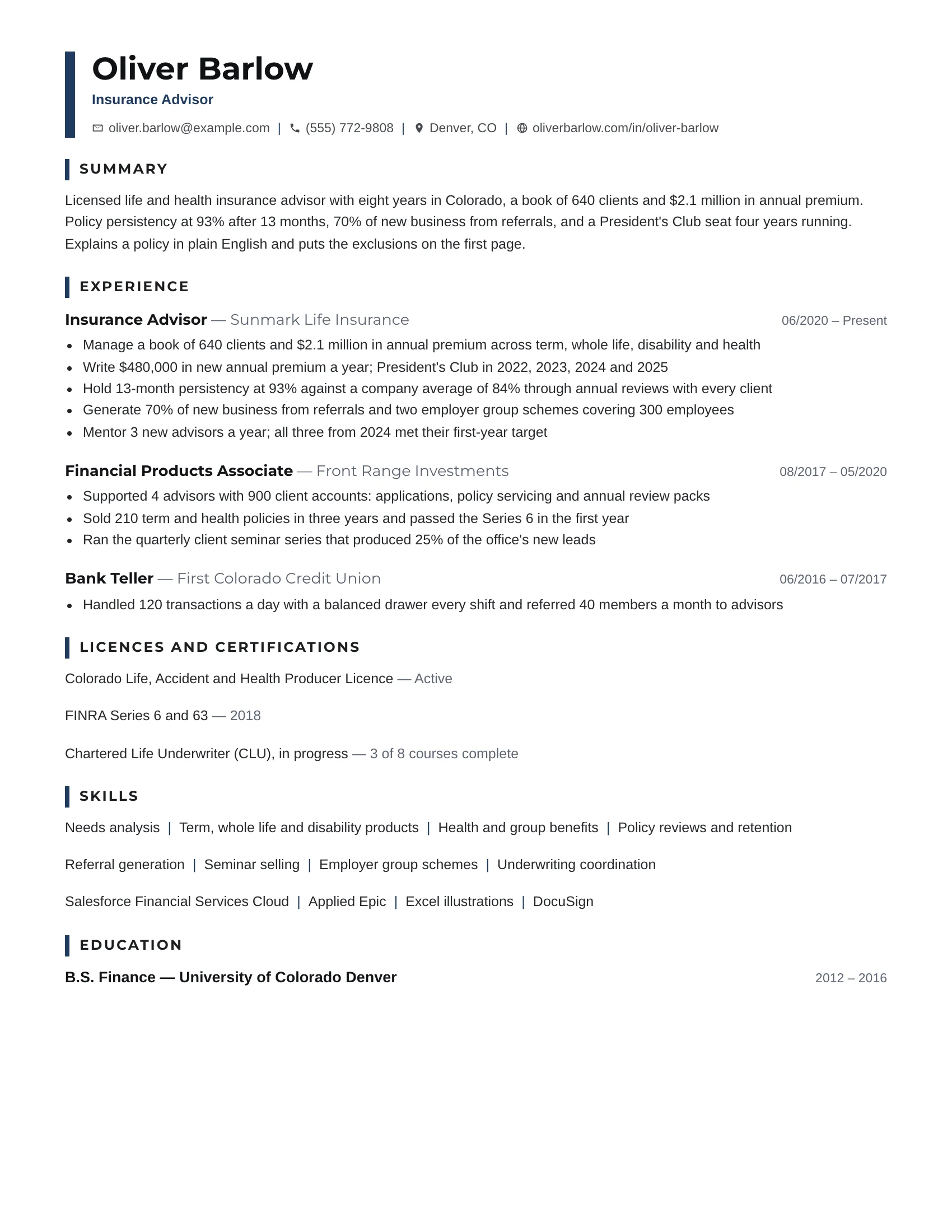 Field Sales · Compact (Navy) resume template preview