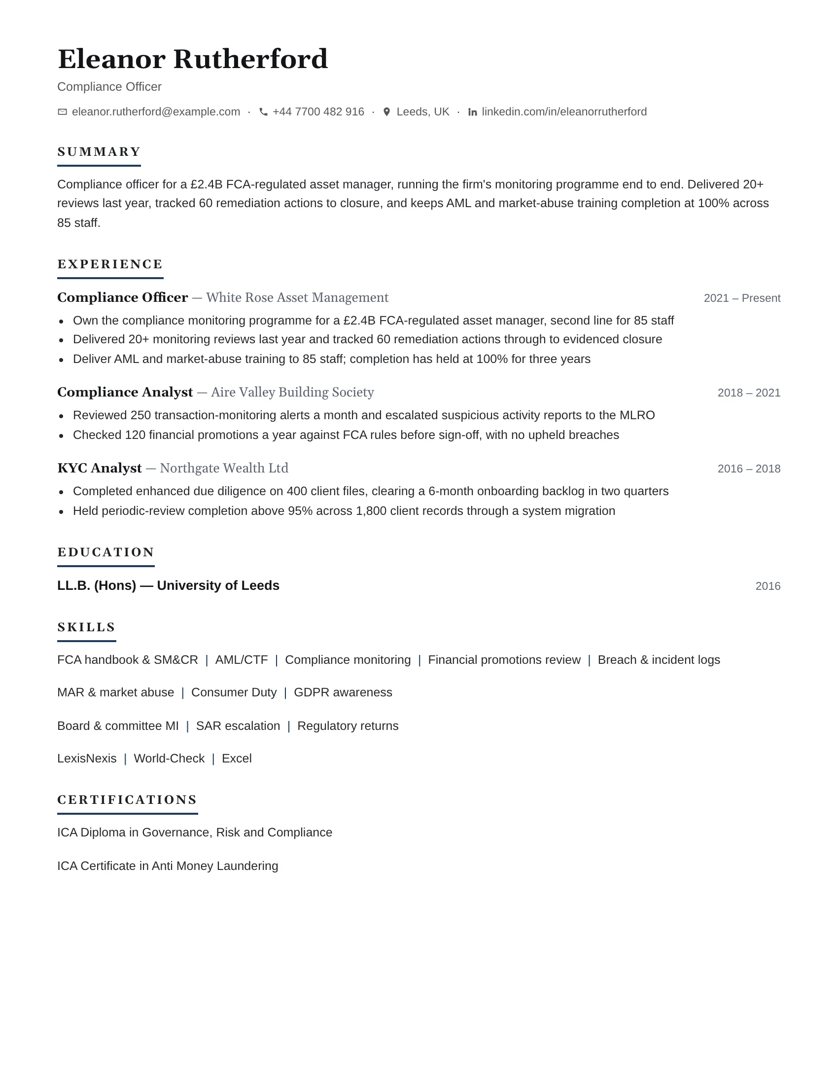 Compliance Officer · True resume template preview