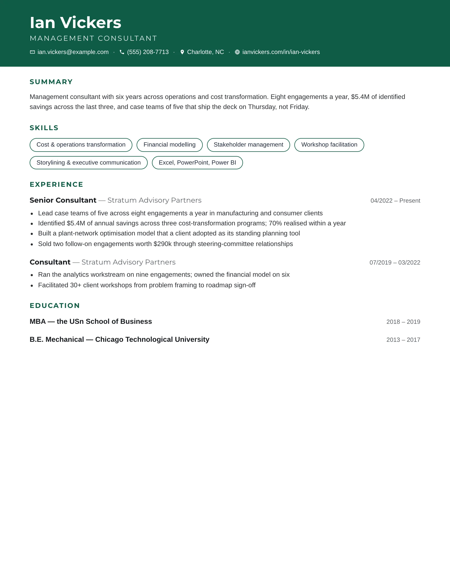 Consultant · Outline (Teal) resume template preview