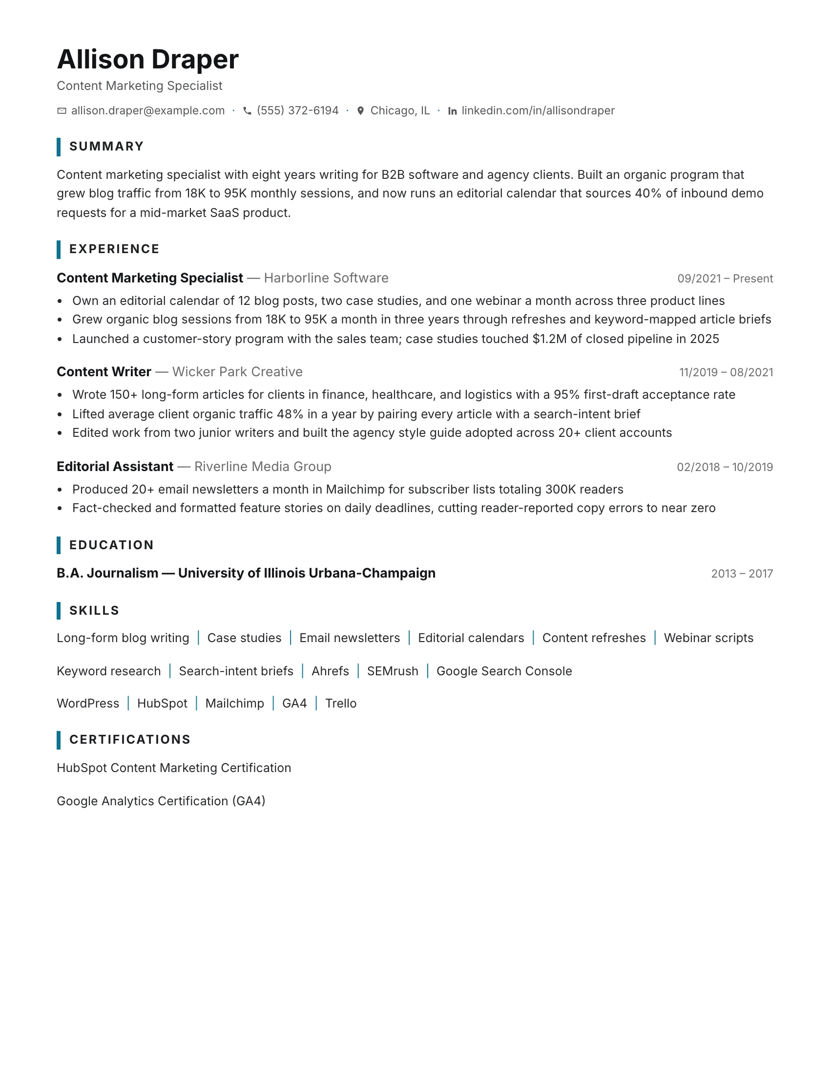 Content Marketer · Ink resume template preview