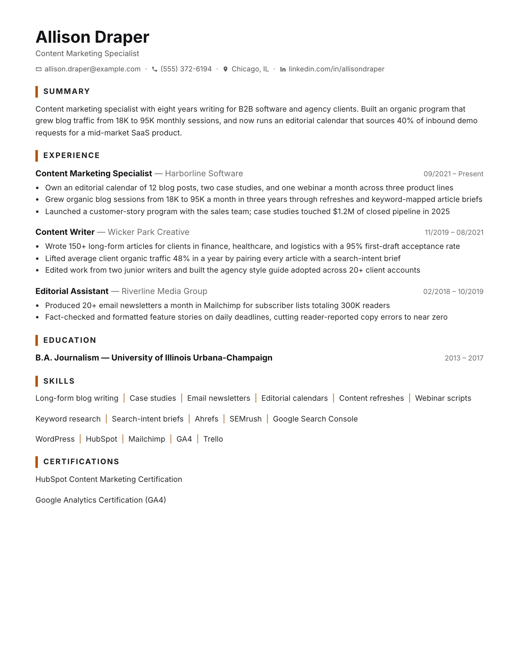 Content Marketer · Ink (Amber) resume template preview