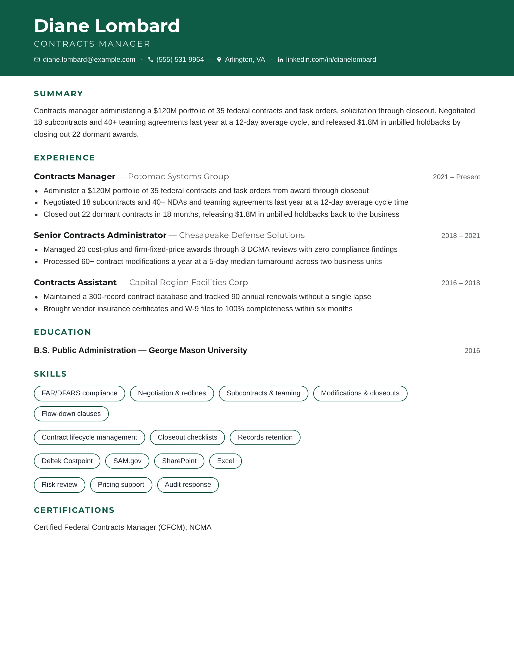Contracts Manager · Outline resume template preview