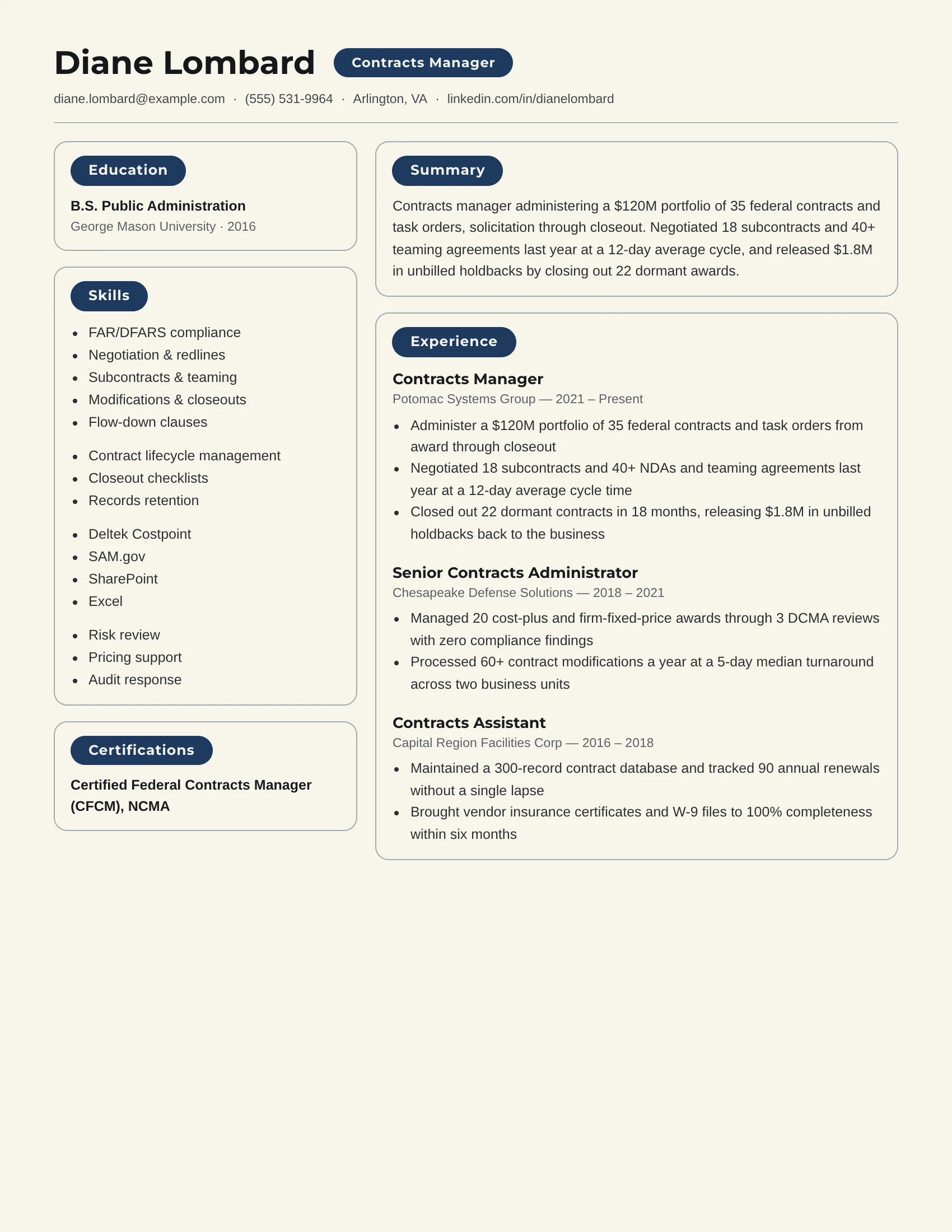 Contracts Manager · Counsel resume template preview