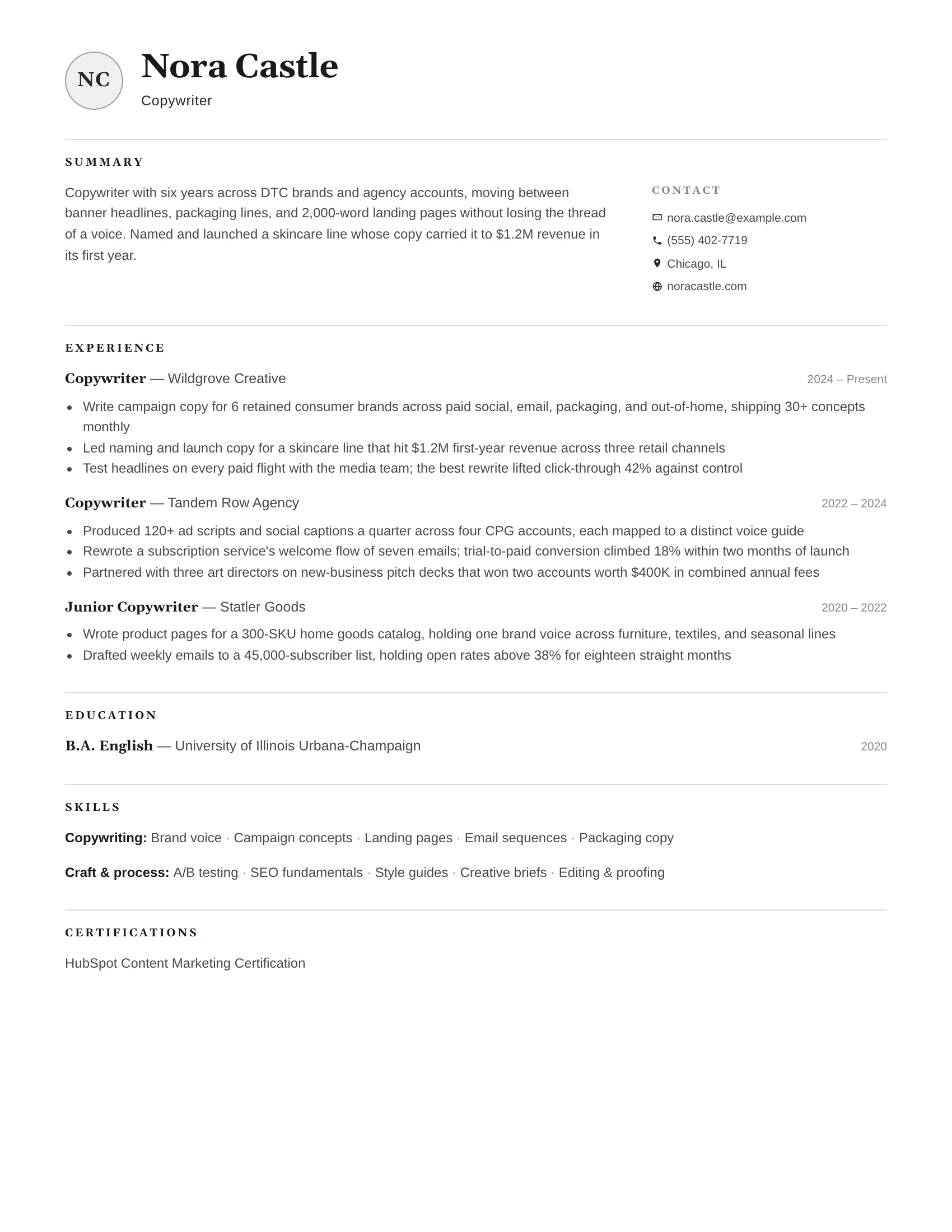 Copywriter · Hairline resume template preview