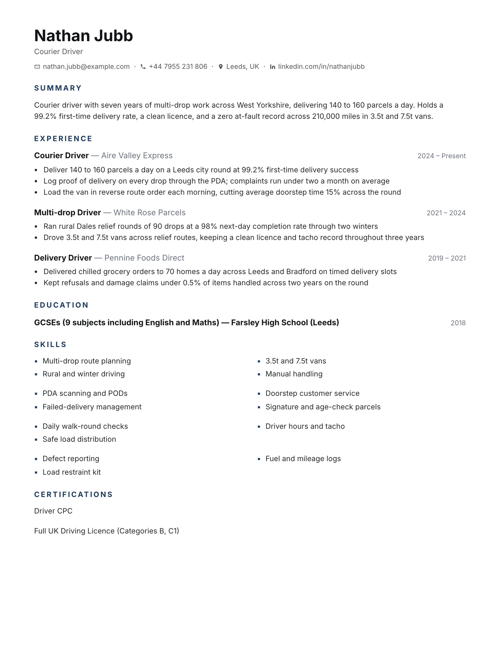 Courier Driver · Basic resume template preview