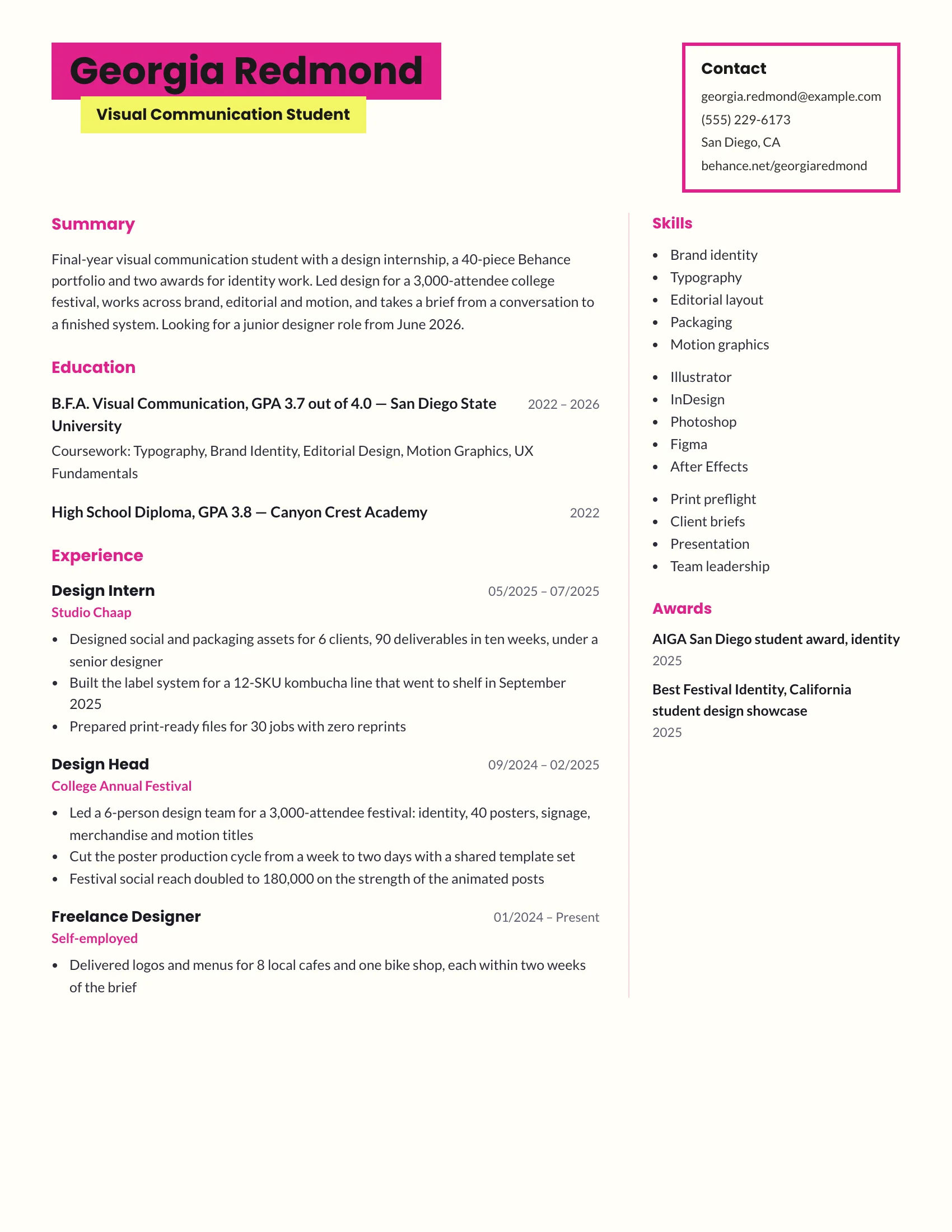 B.Des fresher resume sample