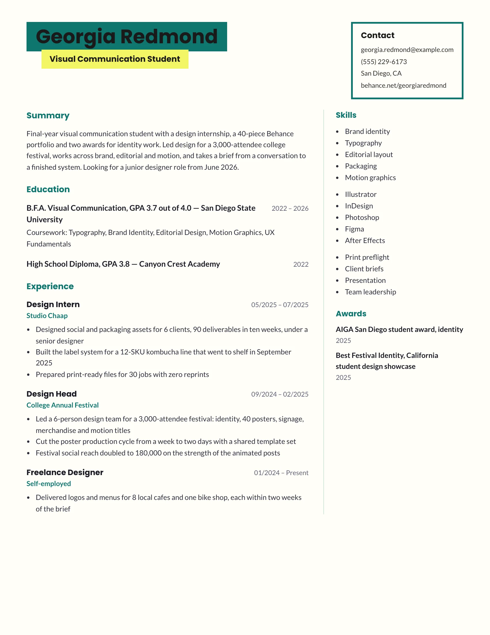 Design Student · Blocks (Teal) resume template preview