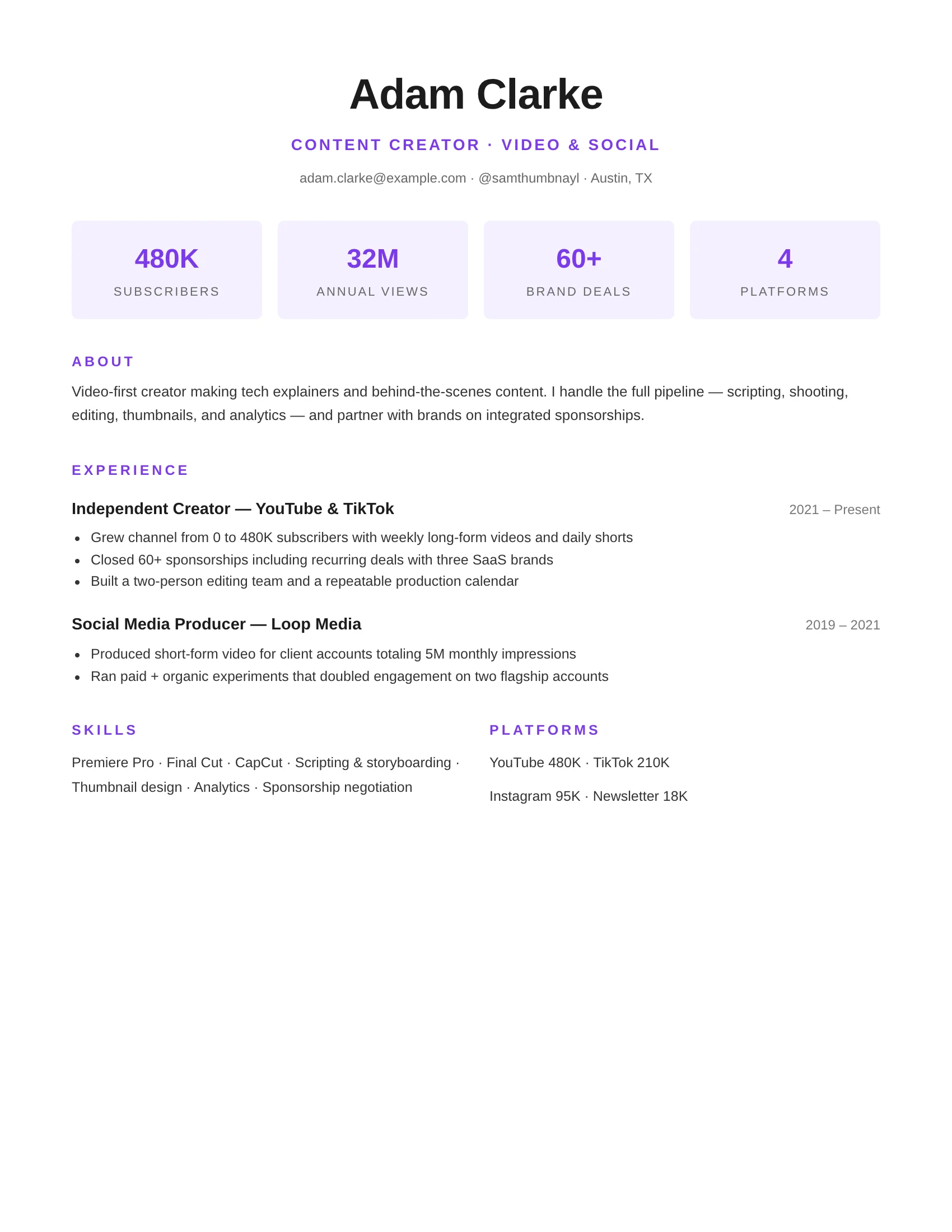 Content Creator resume template preview