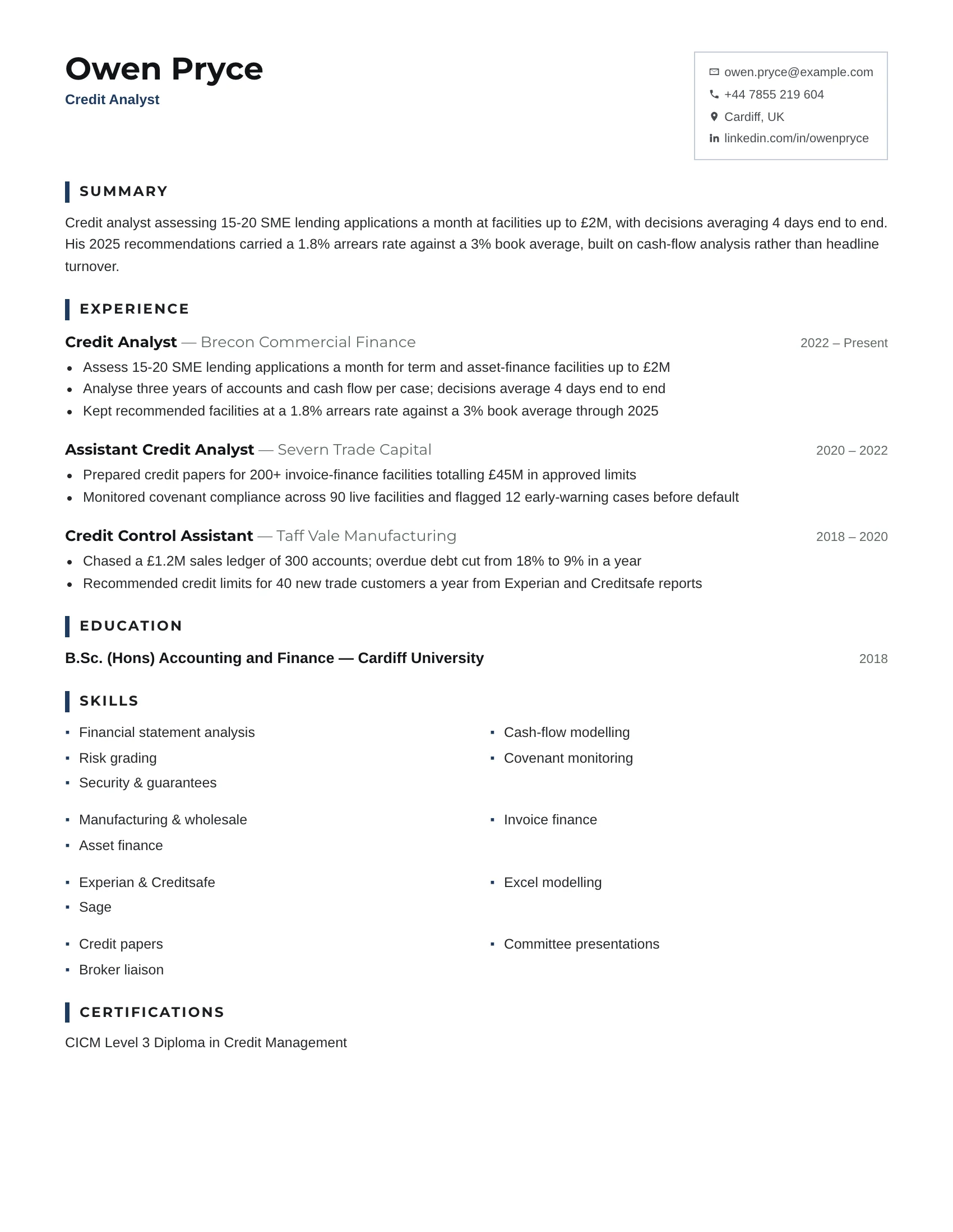 Credit Analyst · Smart resume template preview