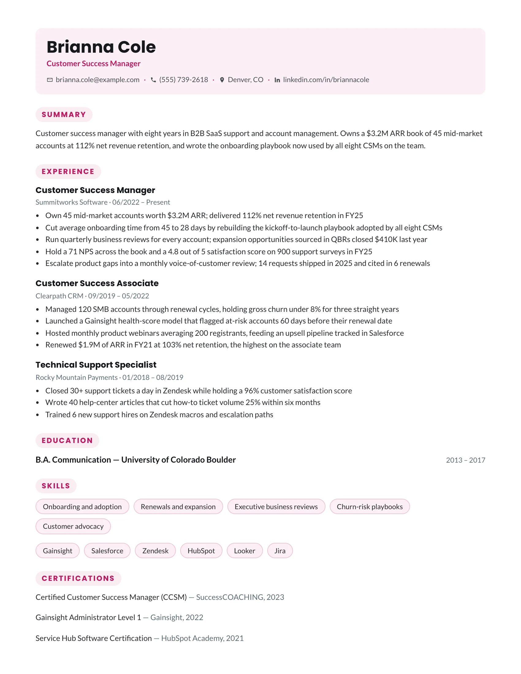 Customer Success · Orbit (Rose) resume template preview