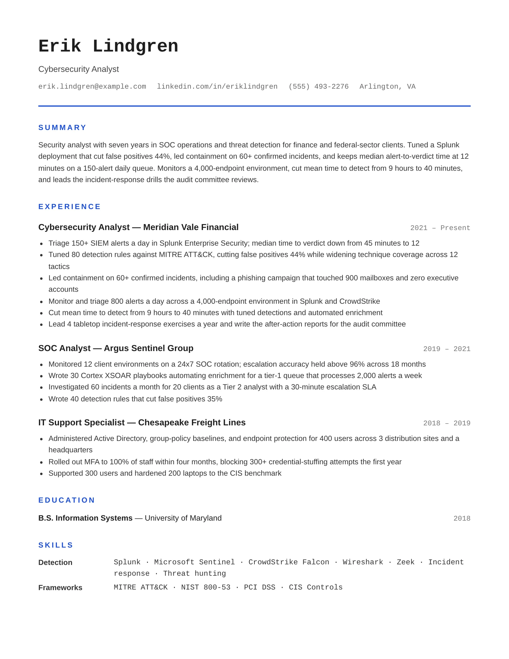 Cybersecurity analyst resume example — sample document