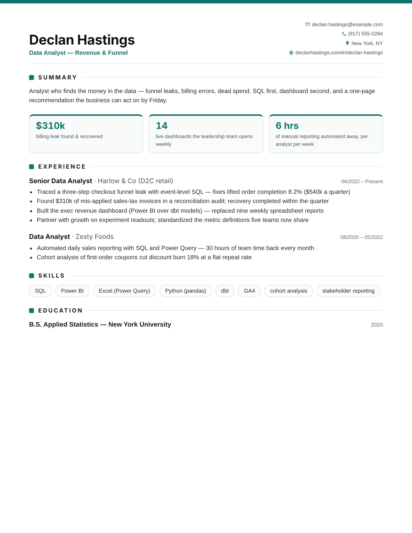 Data Analyst · Dashboard (Teal) resume template preview