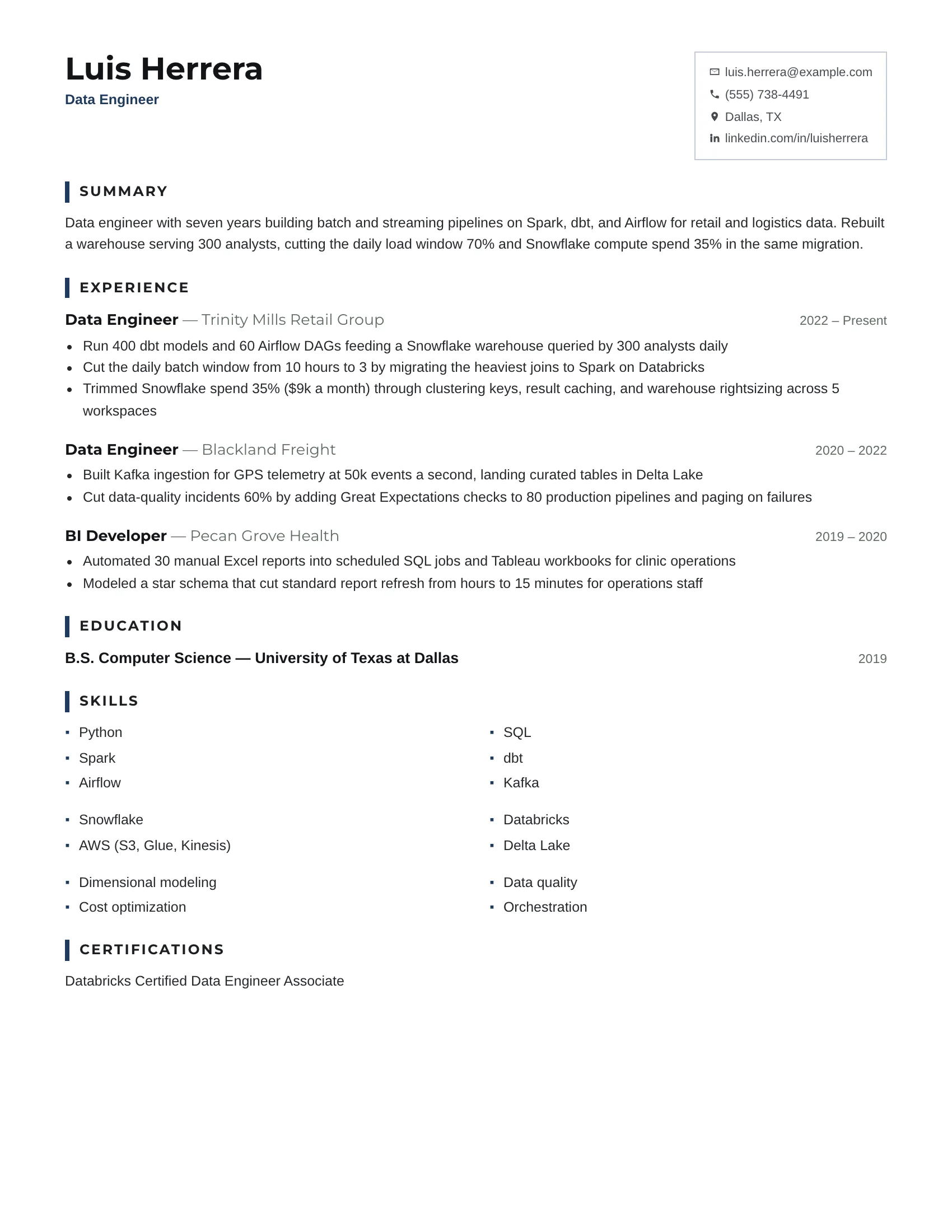 Data Engineer · Smart resume template preview