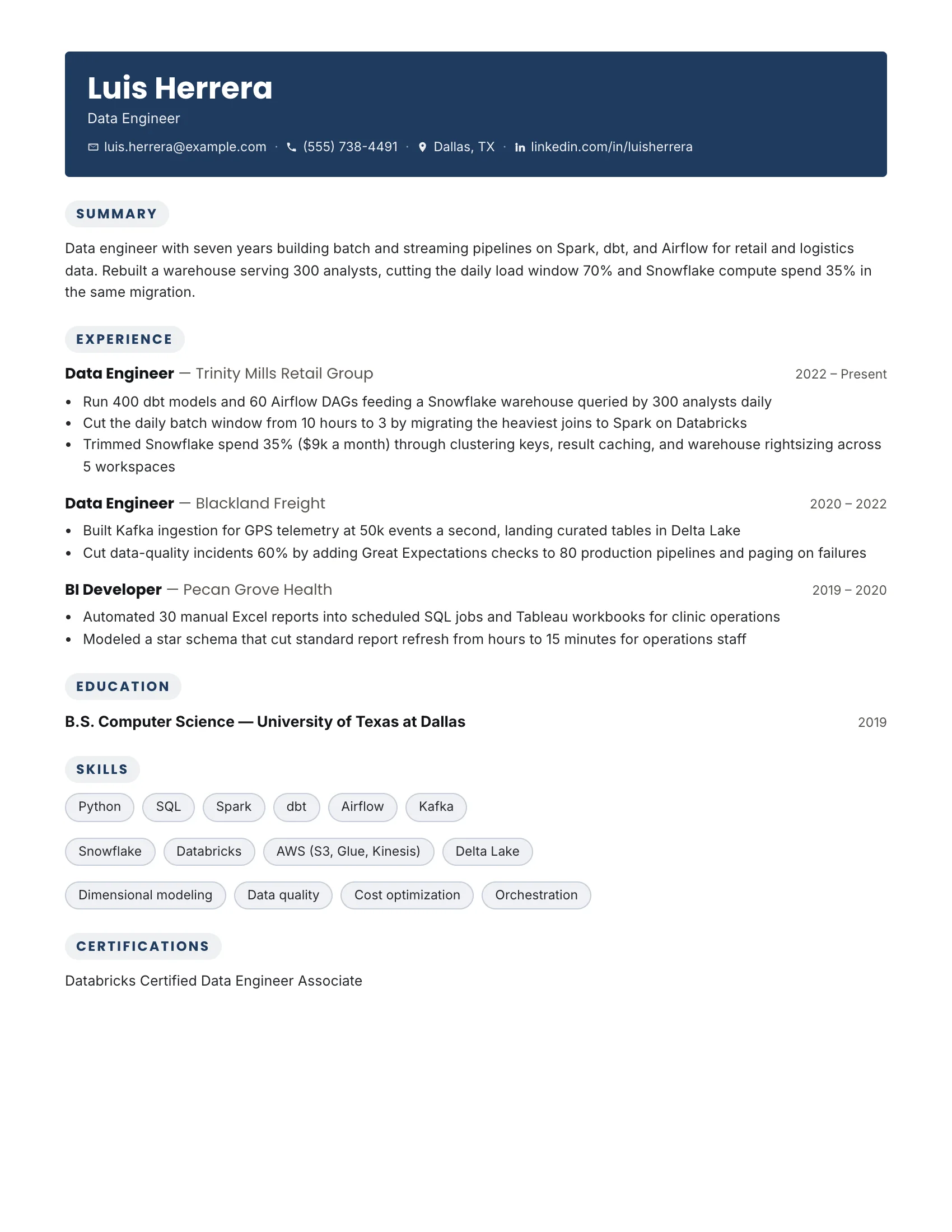 Data Engineer · Grid resume template preview