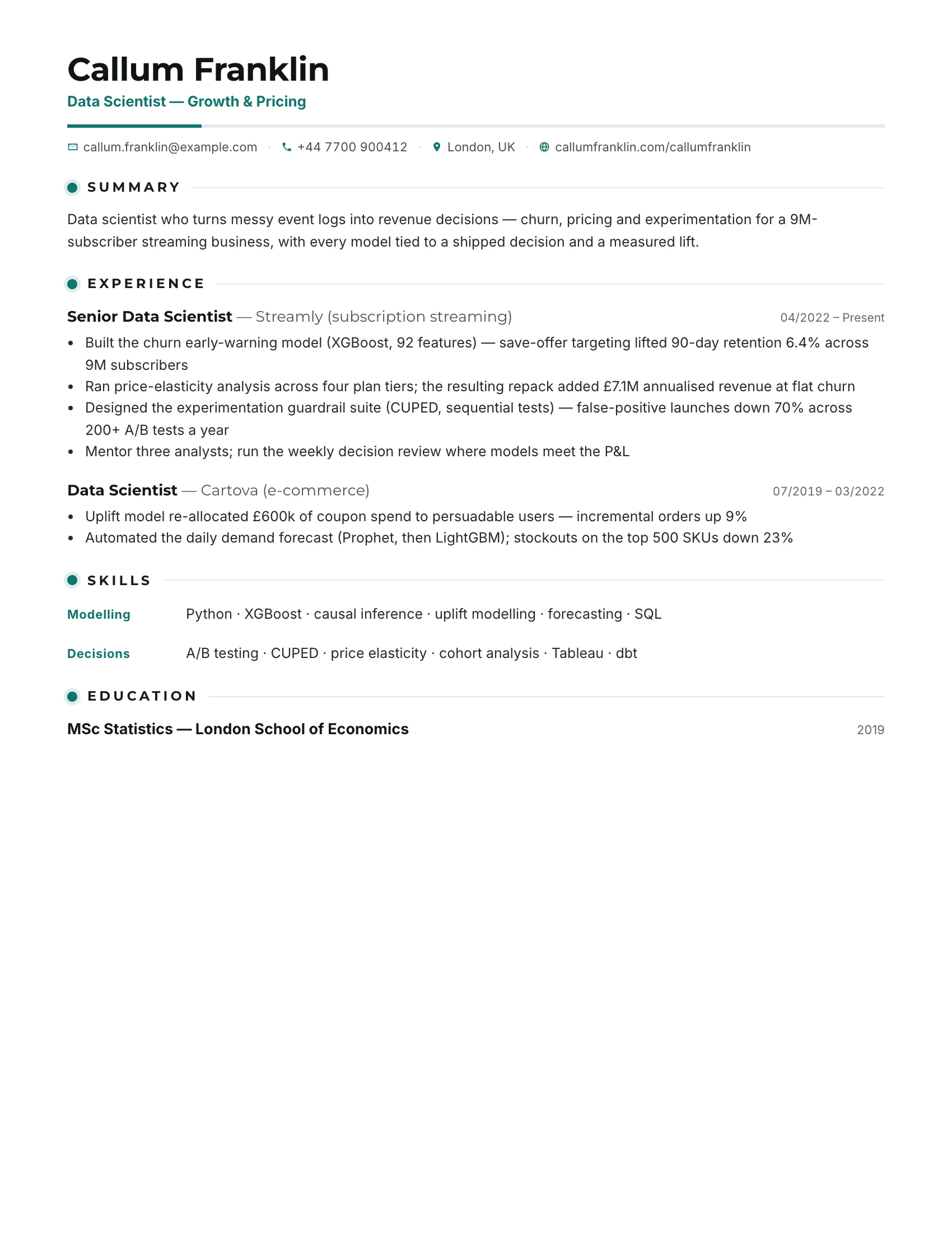 Data Scientist · Insight resume template preview