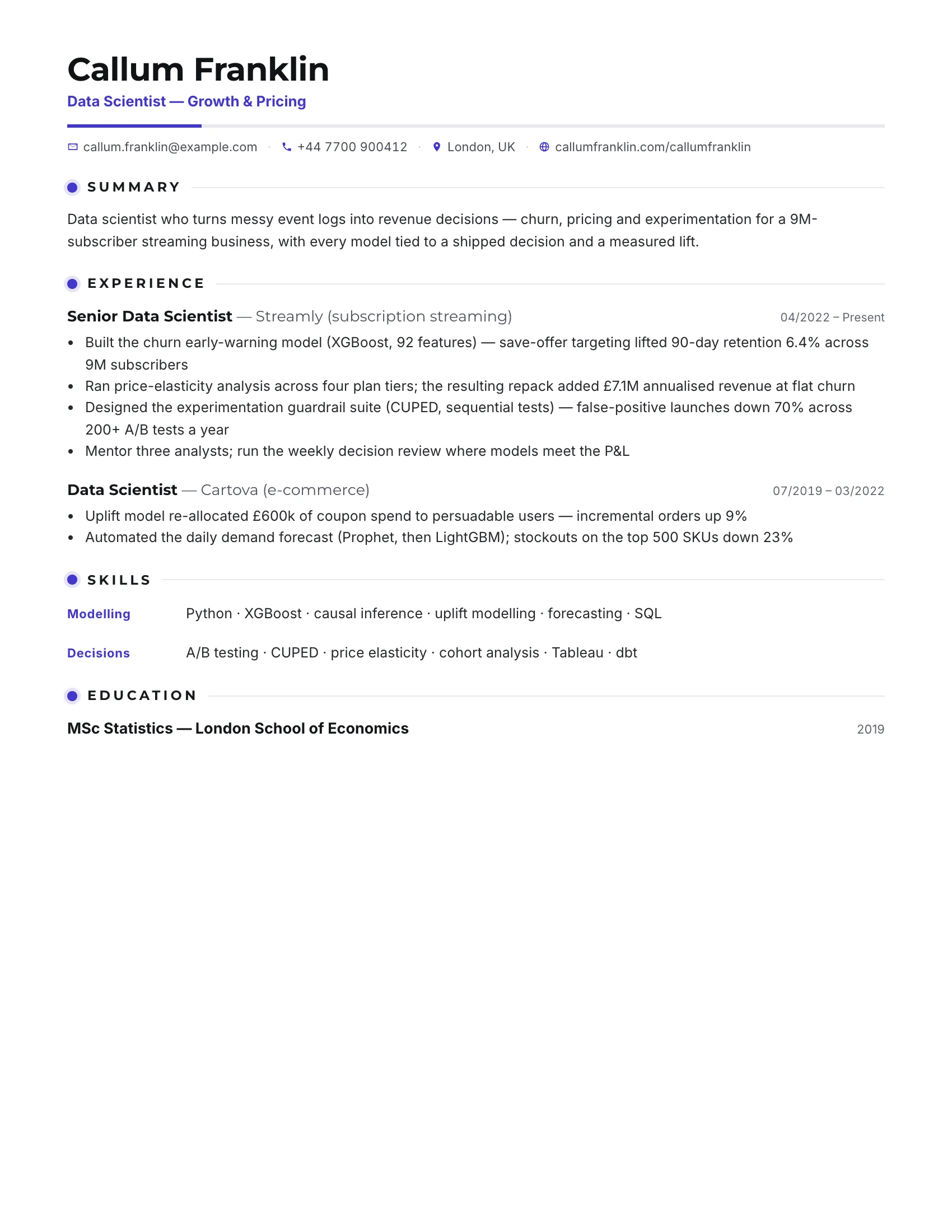 Data Scientist · Insight (Indigo) resume template preview