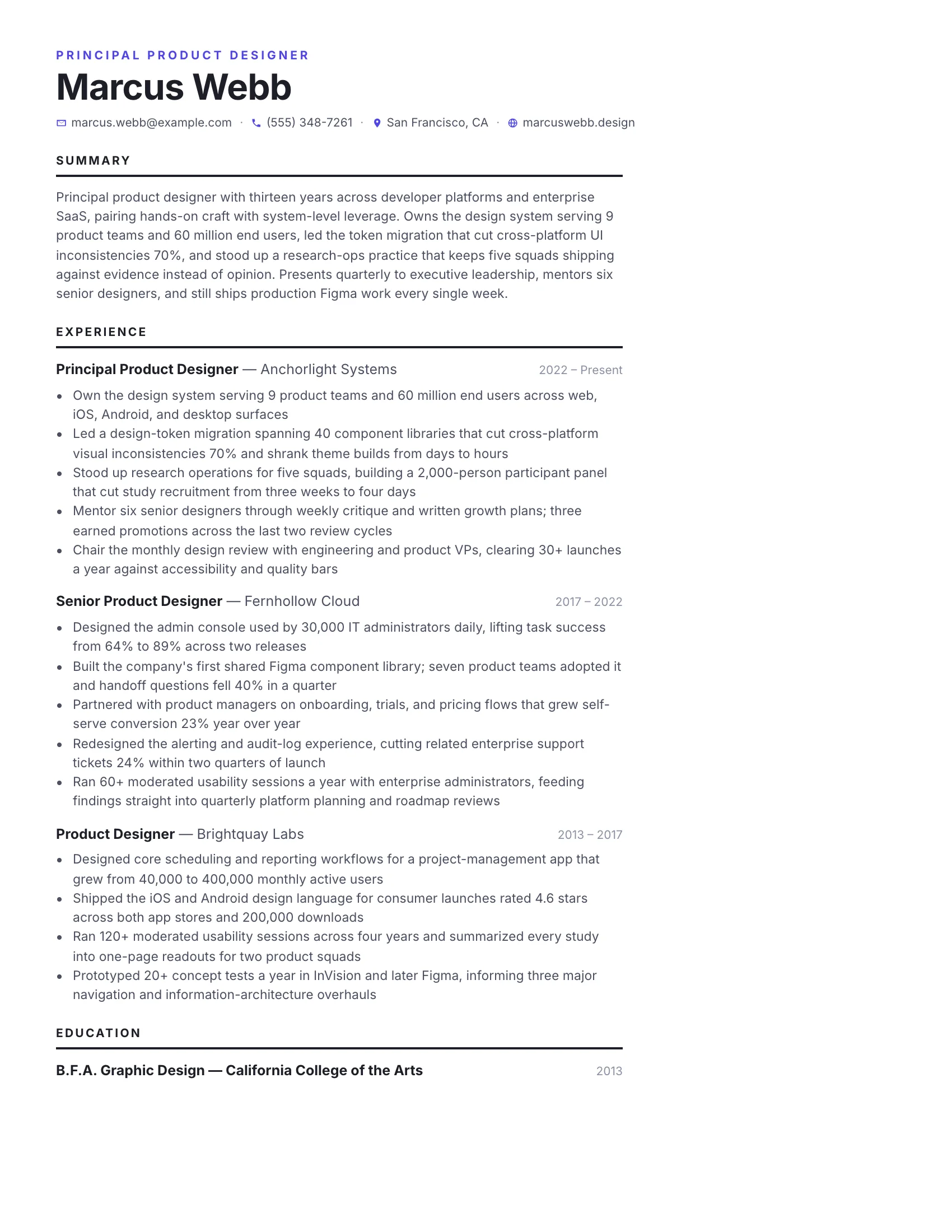 Principal Designer · Folio resume template preview