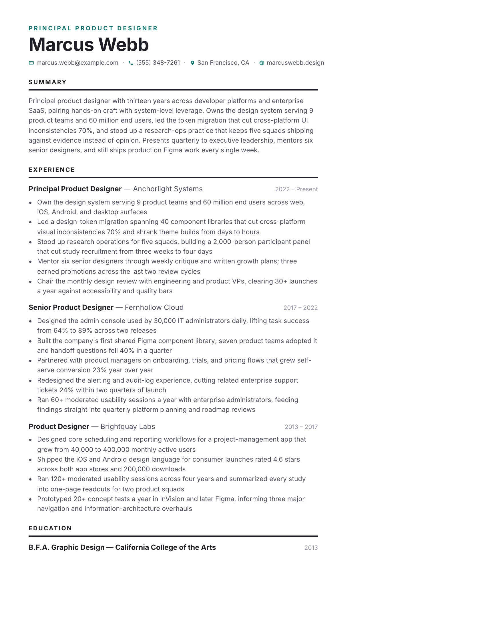 Principal Designer · Folio (Teal) resume template preview