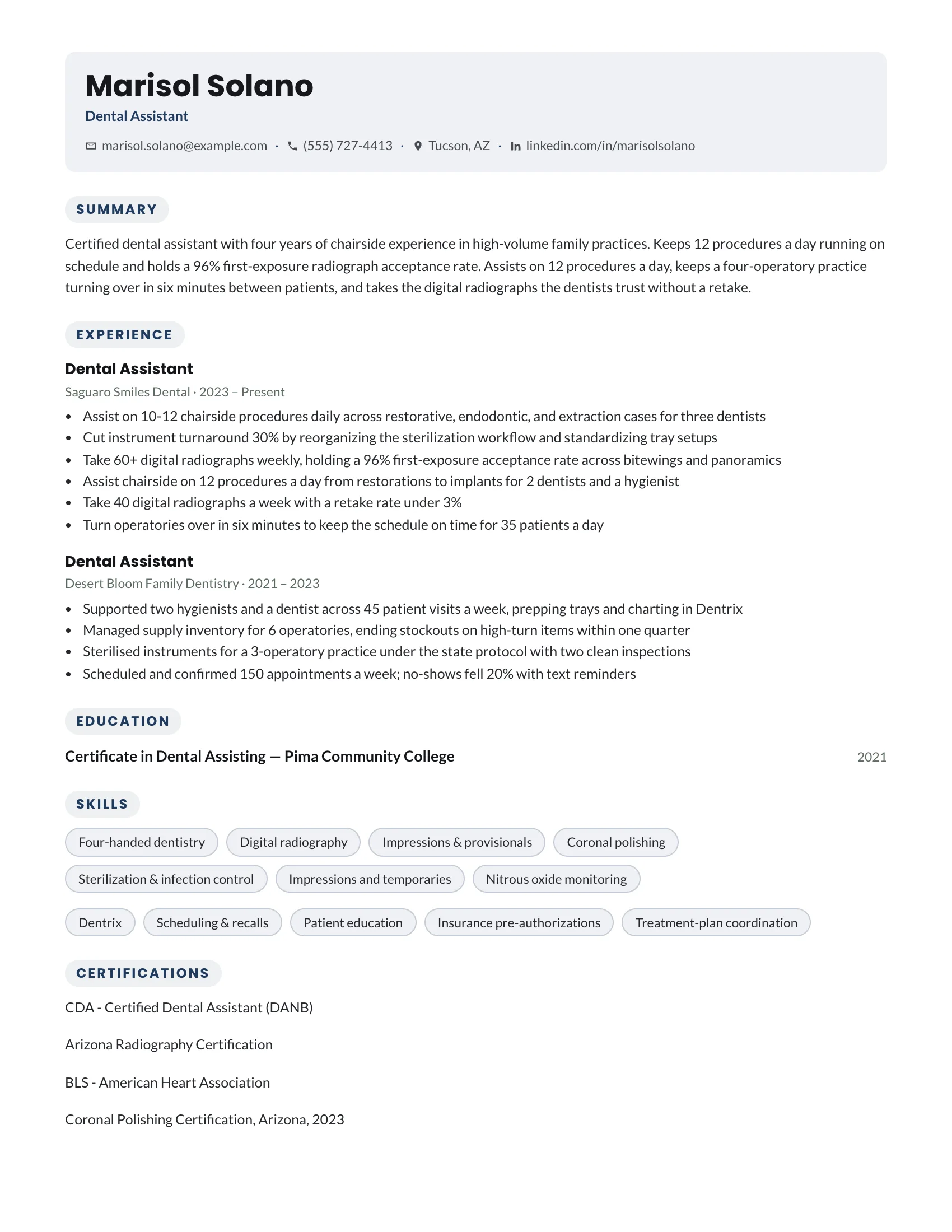 Dental assistant resume example — sample document