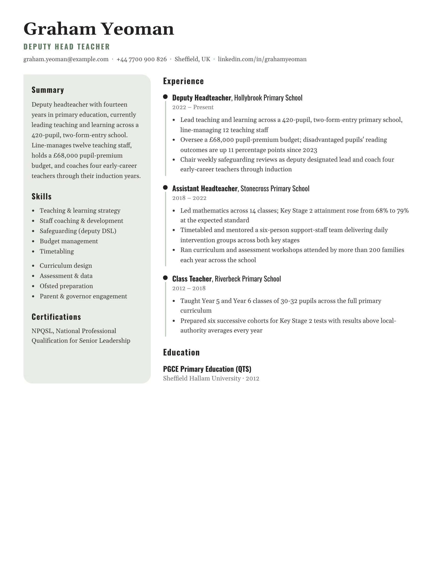 Deputy Head Teacher · Rose resume template preview