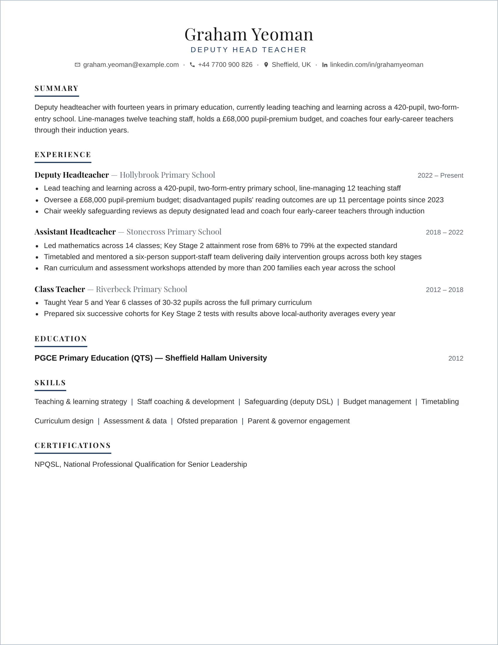 Deputy Head Teacher · Europe resume template preview