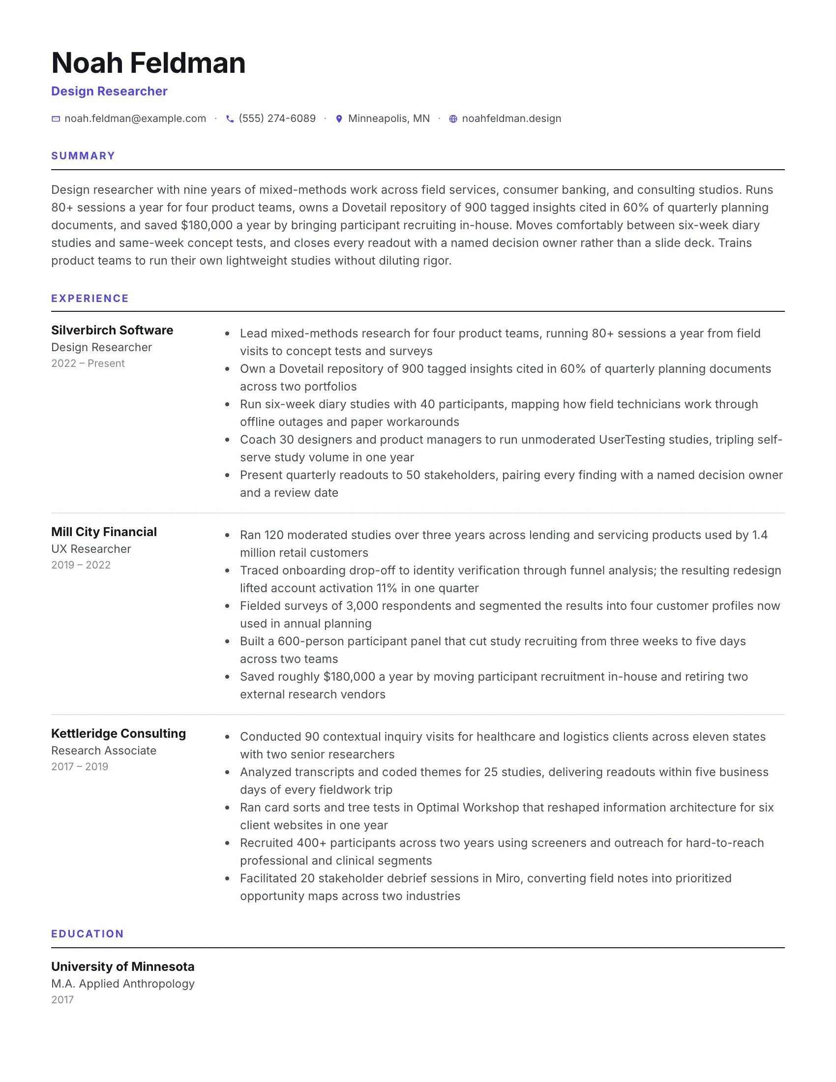 Design Researcher · Grid resume template preview