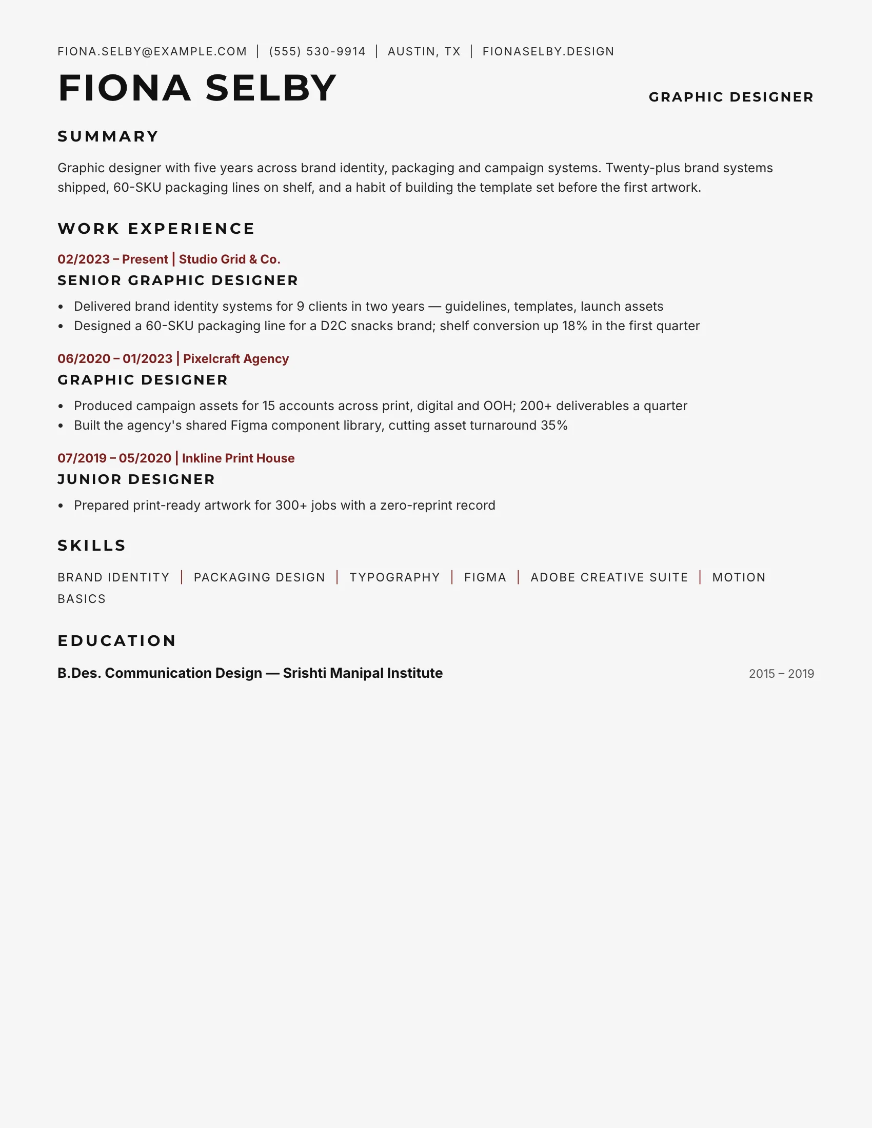 Graphic Designer · Caps (Red) resume template preview