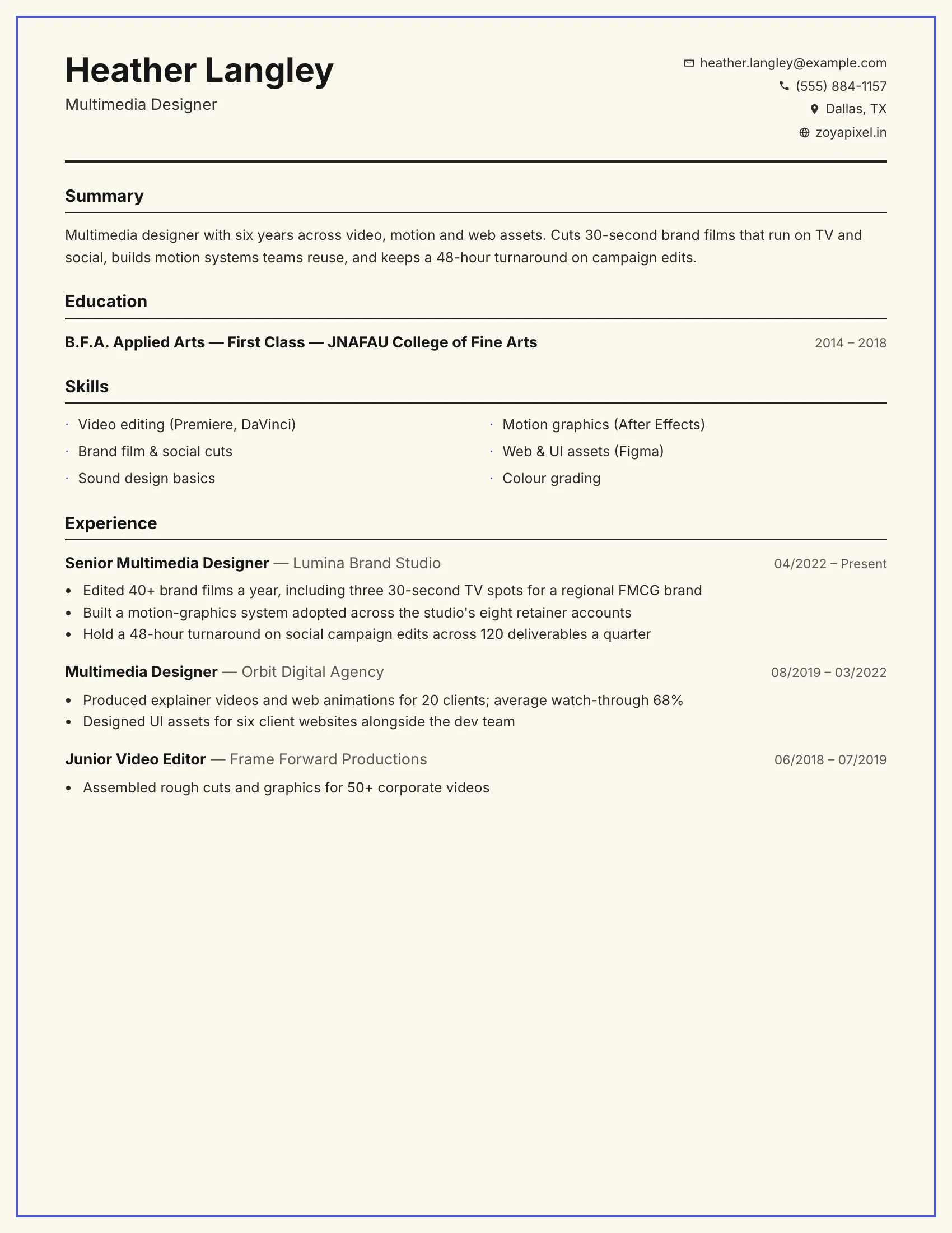 Multimedia Designer · Cream resume template preview