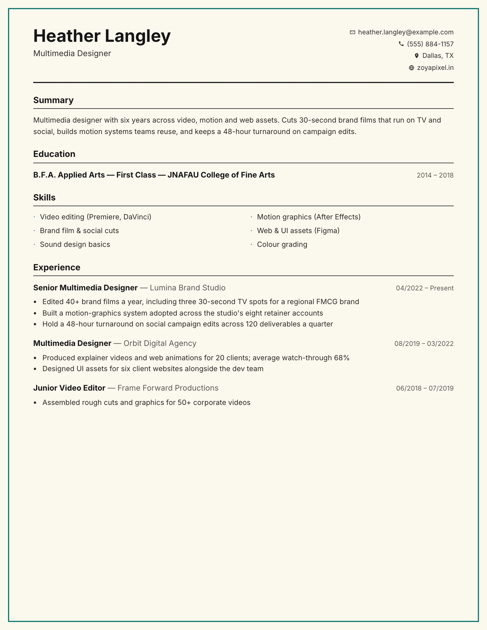 Multimedia Designer · Cream (Teal) resume template preview