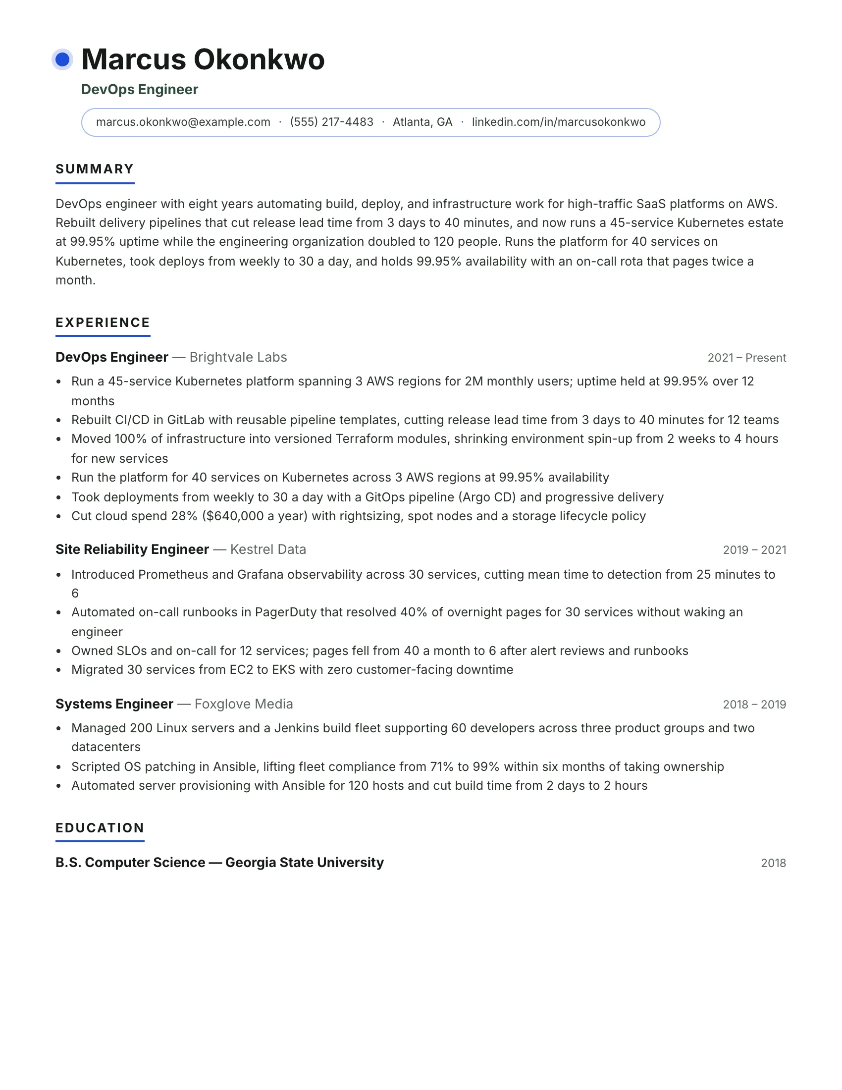 DevOps engineer resume example — sample document