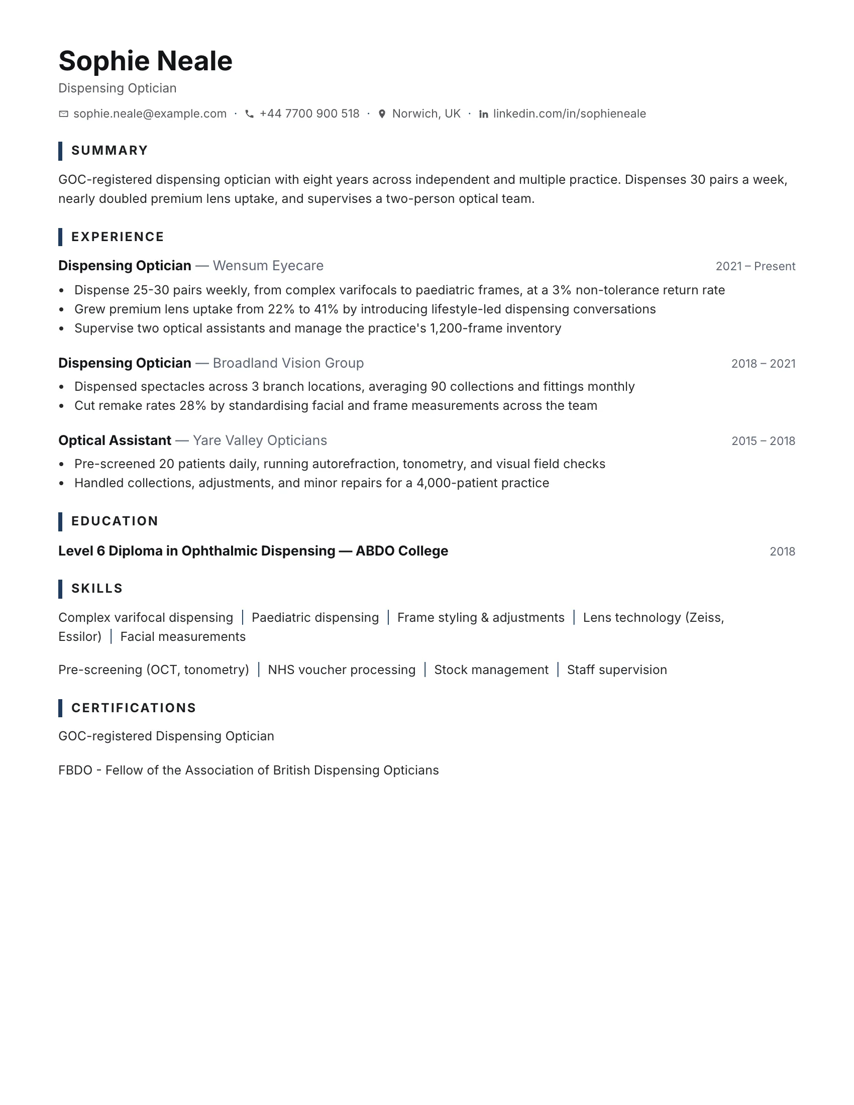 Dispensing Optician · Clean resume template preview