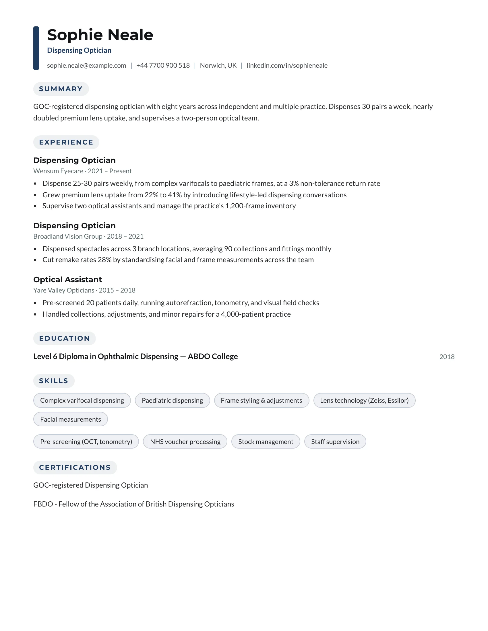 Dispensing Optician · Bookmark resume template preview