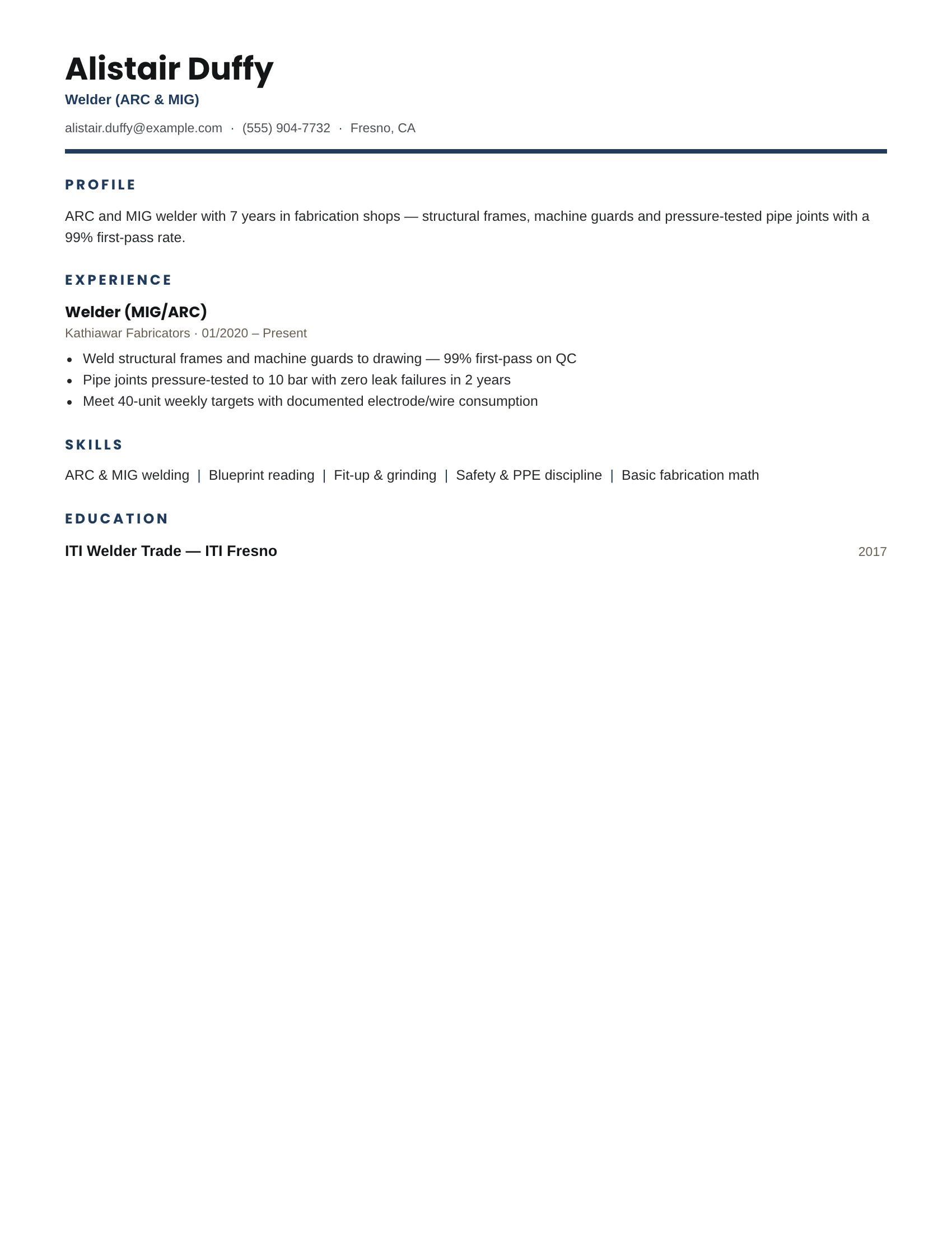 Welder · Boldline (Navy) resume template preview