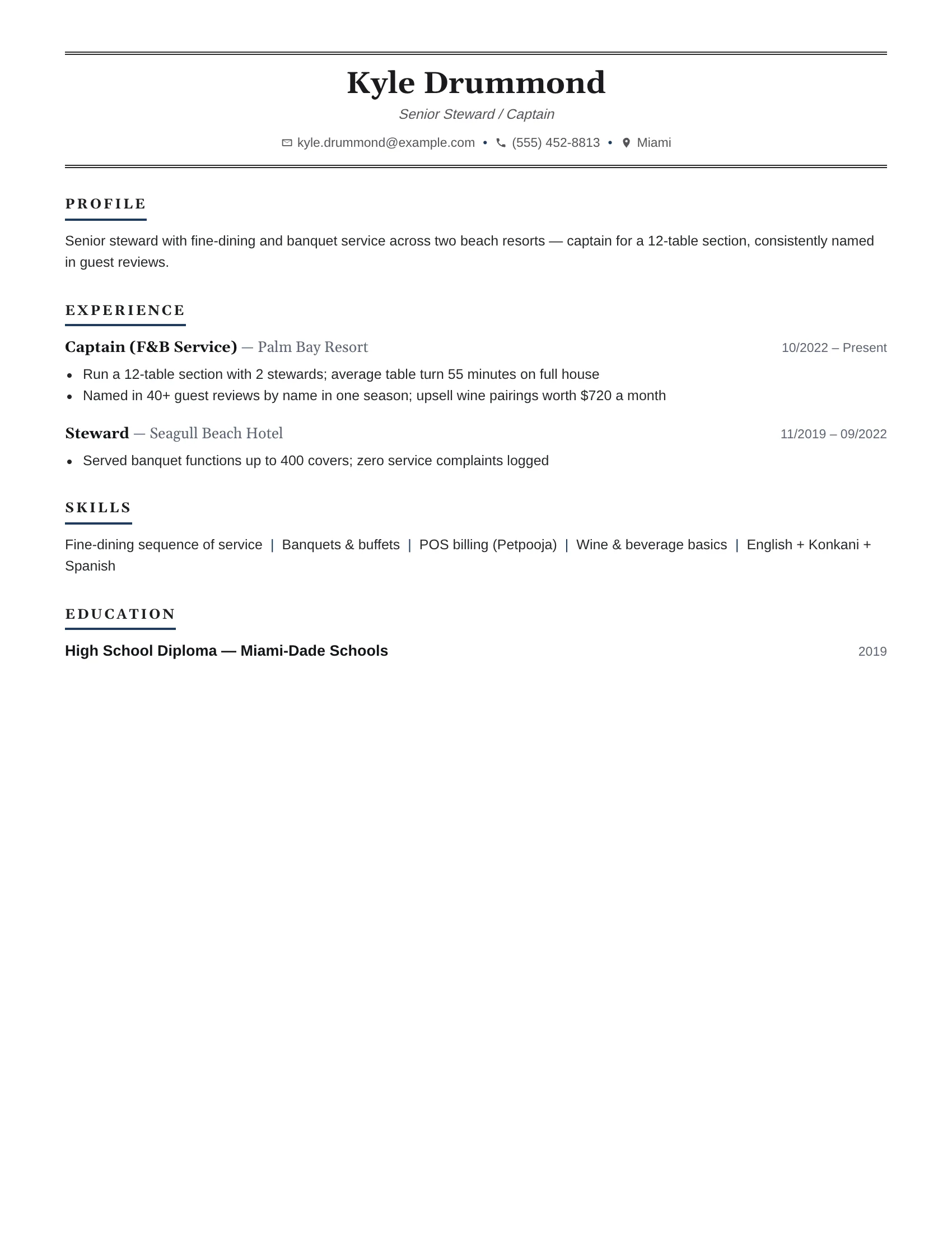 Steward · Double Deck resume template preview