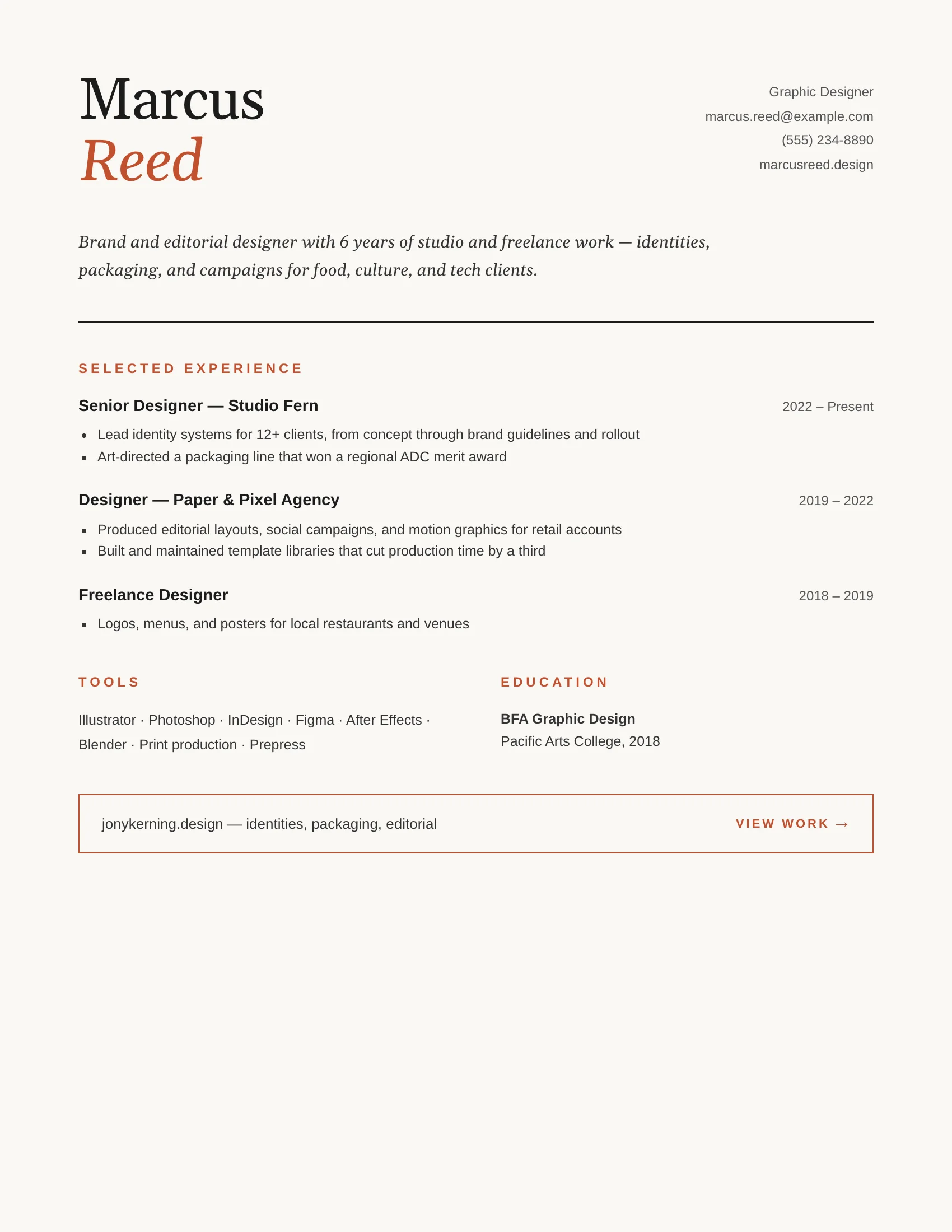 Creative · Editorial resume template preview