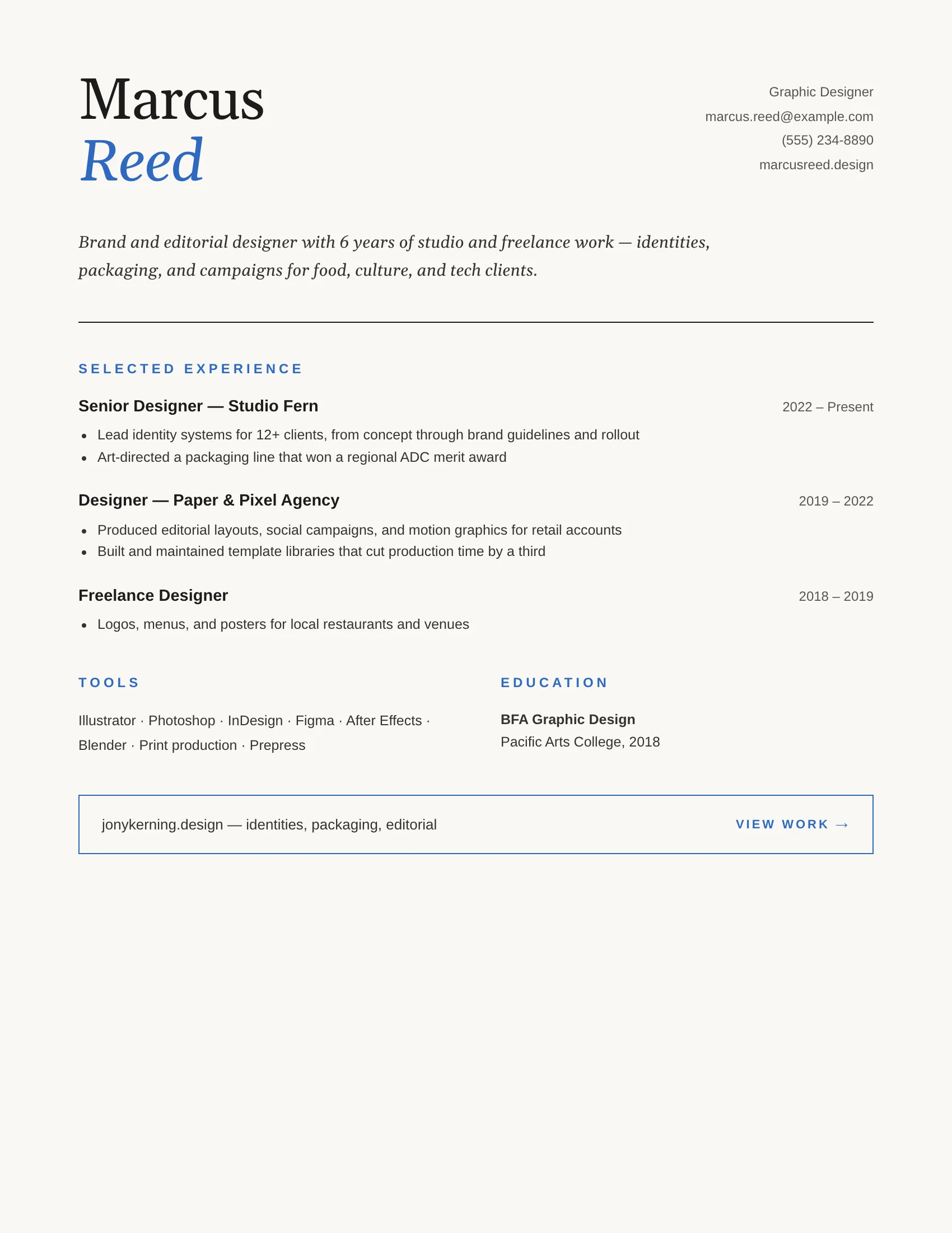 Creative · Editorial (Blue) resume template preview