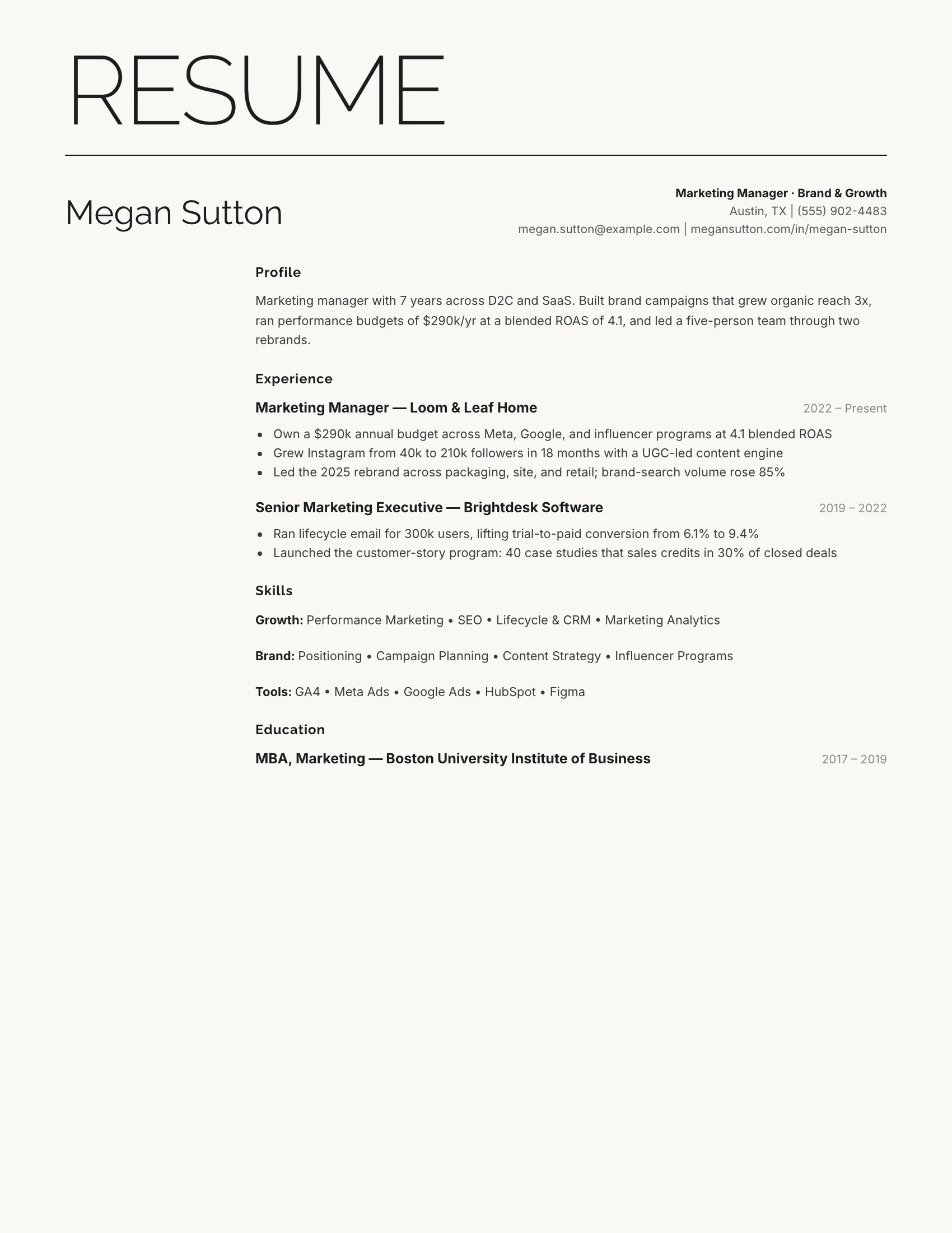 Marketing · Masthead resume template preview