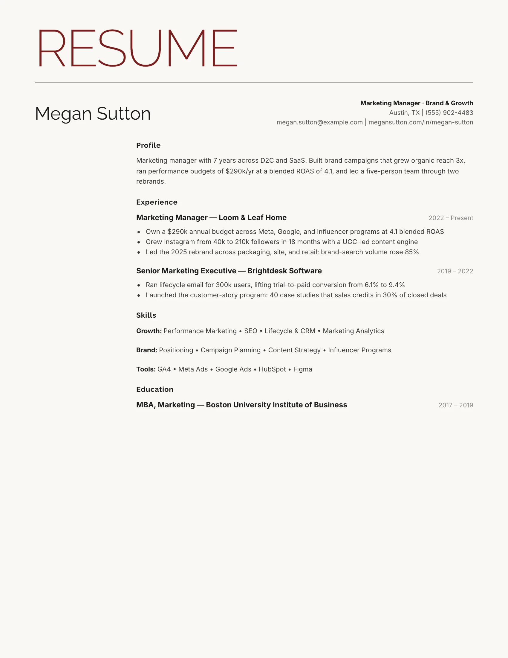 Marketing · Masthead (Red) resume template preview
