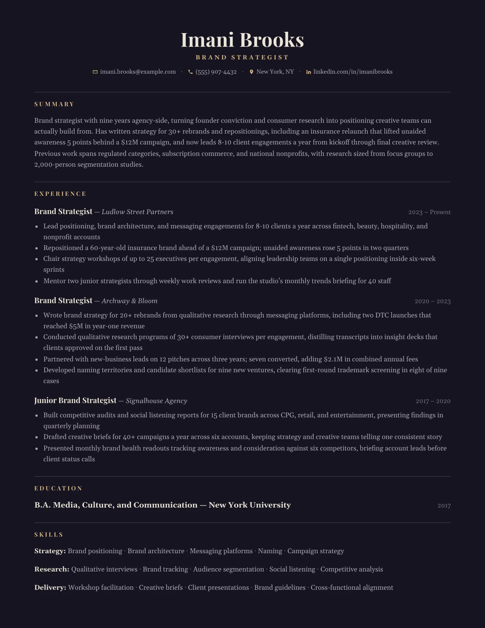 Brand Strategist · Noir resume template preview