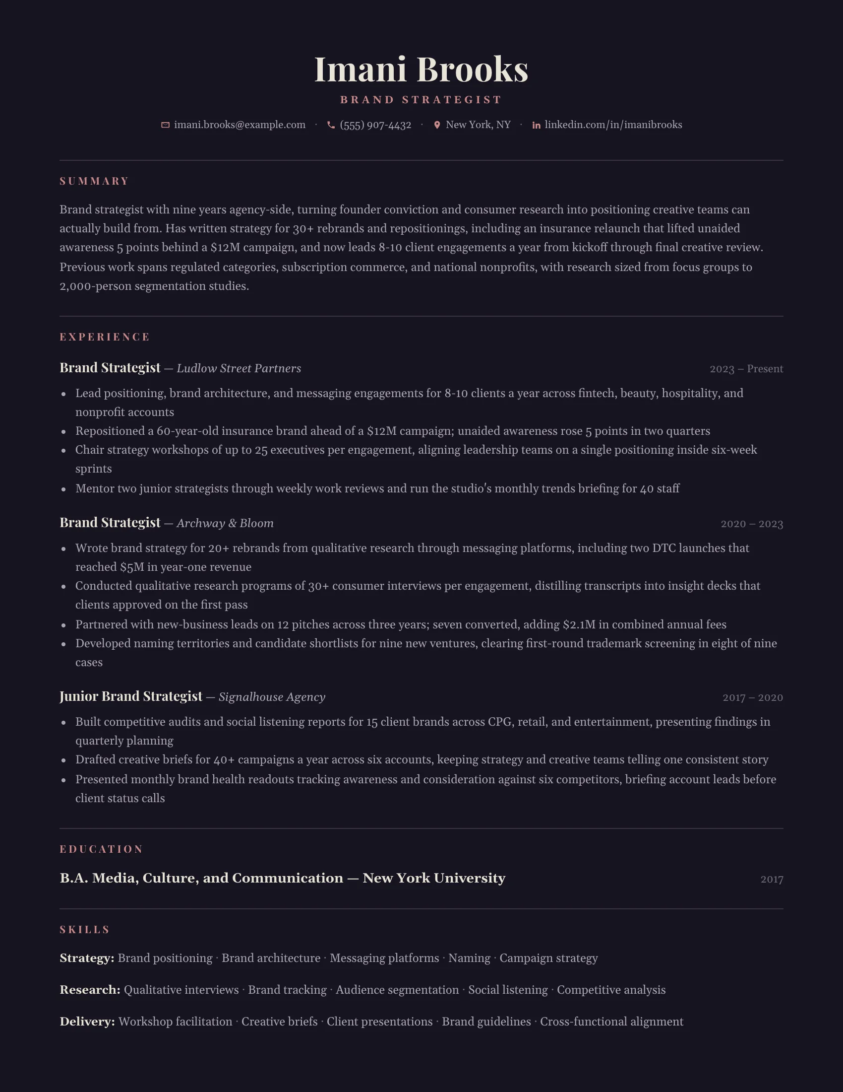 Brand Strategist · Noir (Red) resume template preview